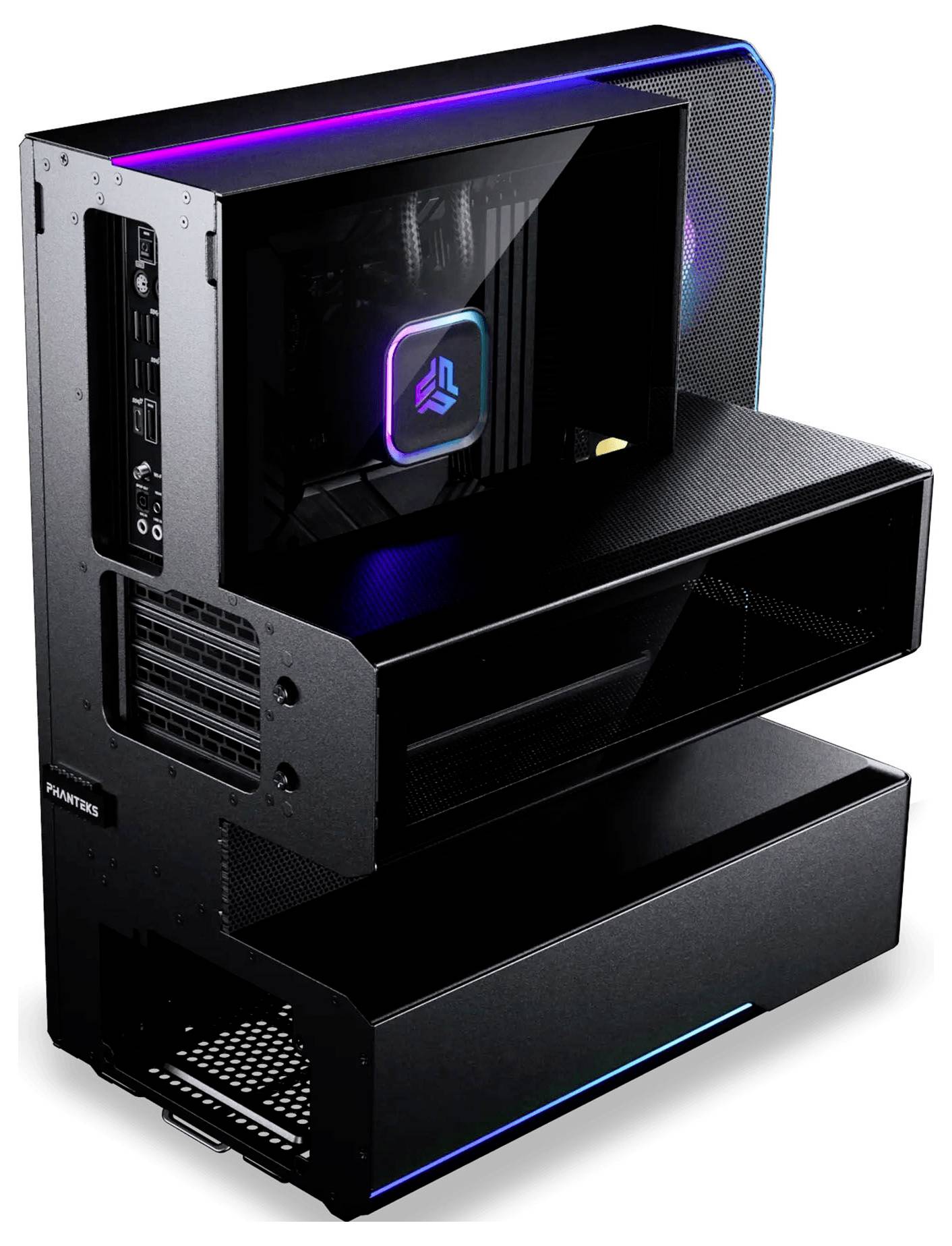 Schwarzes modulares Gaming-PC-Gehäuse mit gestapelten Abteilen, RGB-Beleuchtung und transparentem Seitenpanel, das ein beleuchtetes internes Logo zeigt.