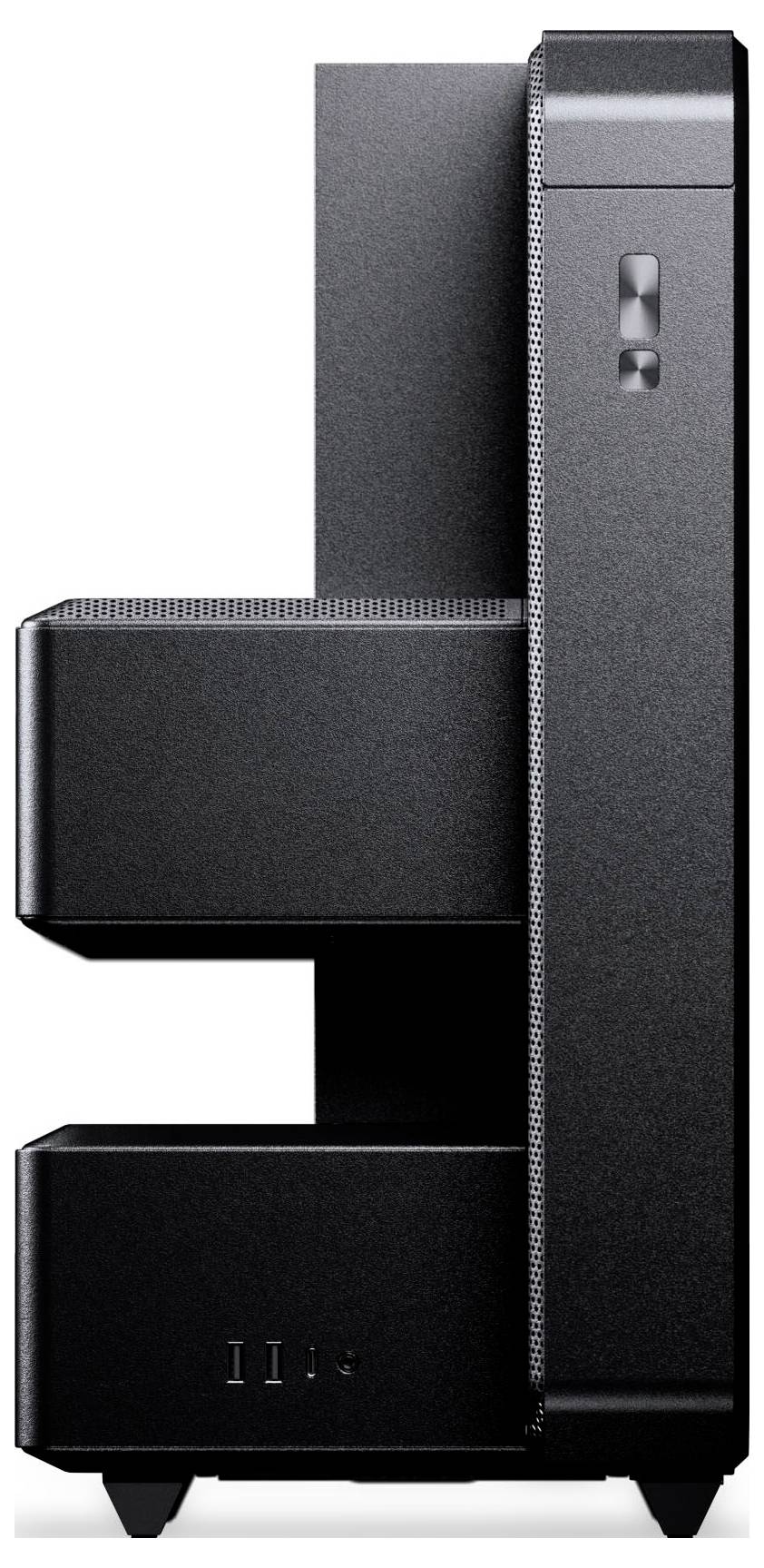 Schwarzer vertikaler Desktop-Computer-Turm in Seitenansicht, mit angebrachter horizontaler Basis- oder Dockingsektion und belüftetem Oberpaneel.
