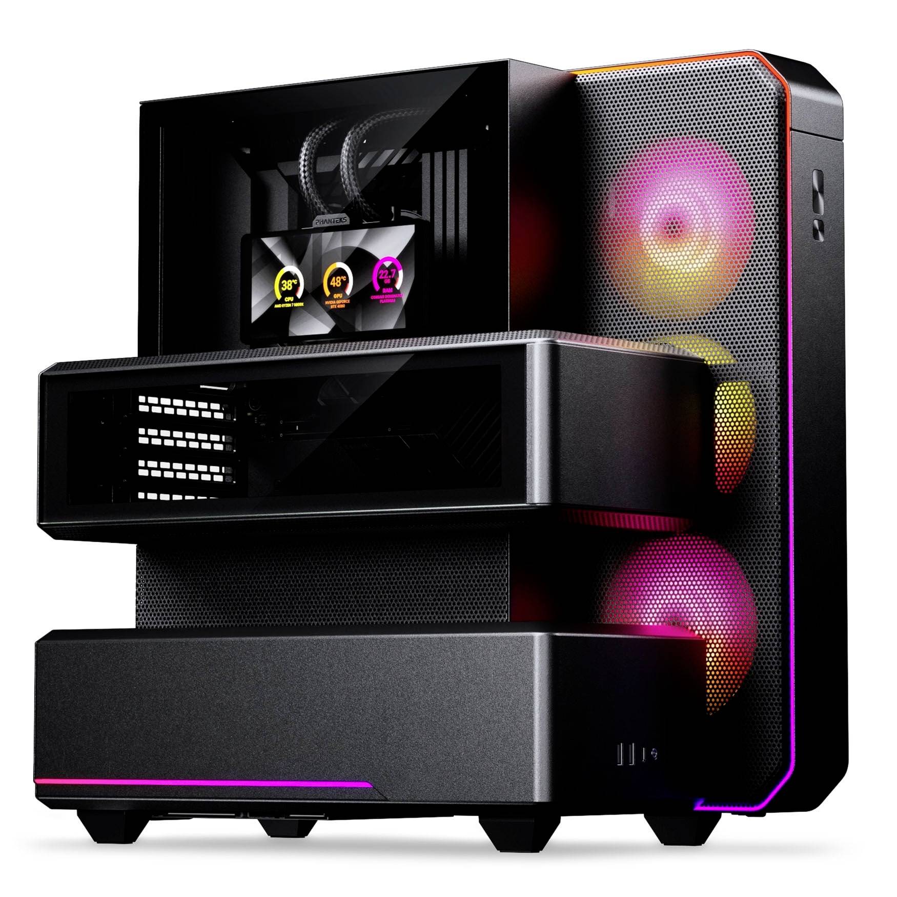 Schwarzer Gaming-Desktop-PC-Tower mit transparentem Seitenpanel und RGB-beleuchteter Vorderseite, gezeigt in einer Dreiviertelandsicht auf weißem Hintergrund.