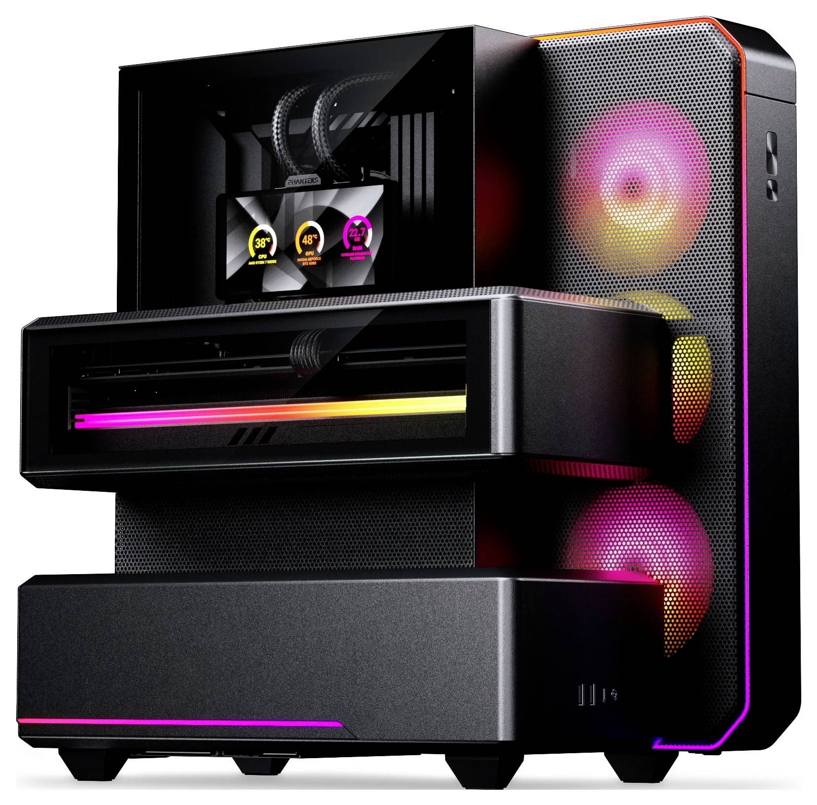 Gaming-Desktop-PC mit Glaspanel vorne und seitlich, beleuchteten RGB-Lüftern und Lichtstreifen, zeigt eine Flüssigkeitskühlung und kompaktes gestapeltes Gehäusedesign.