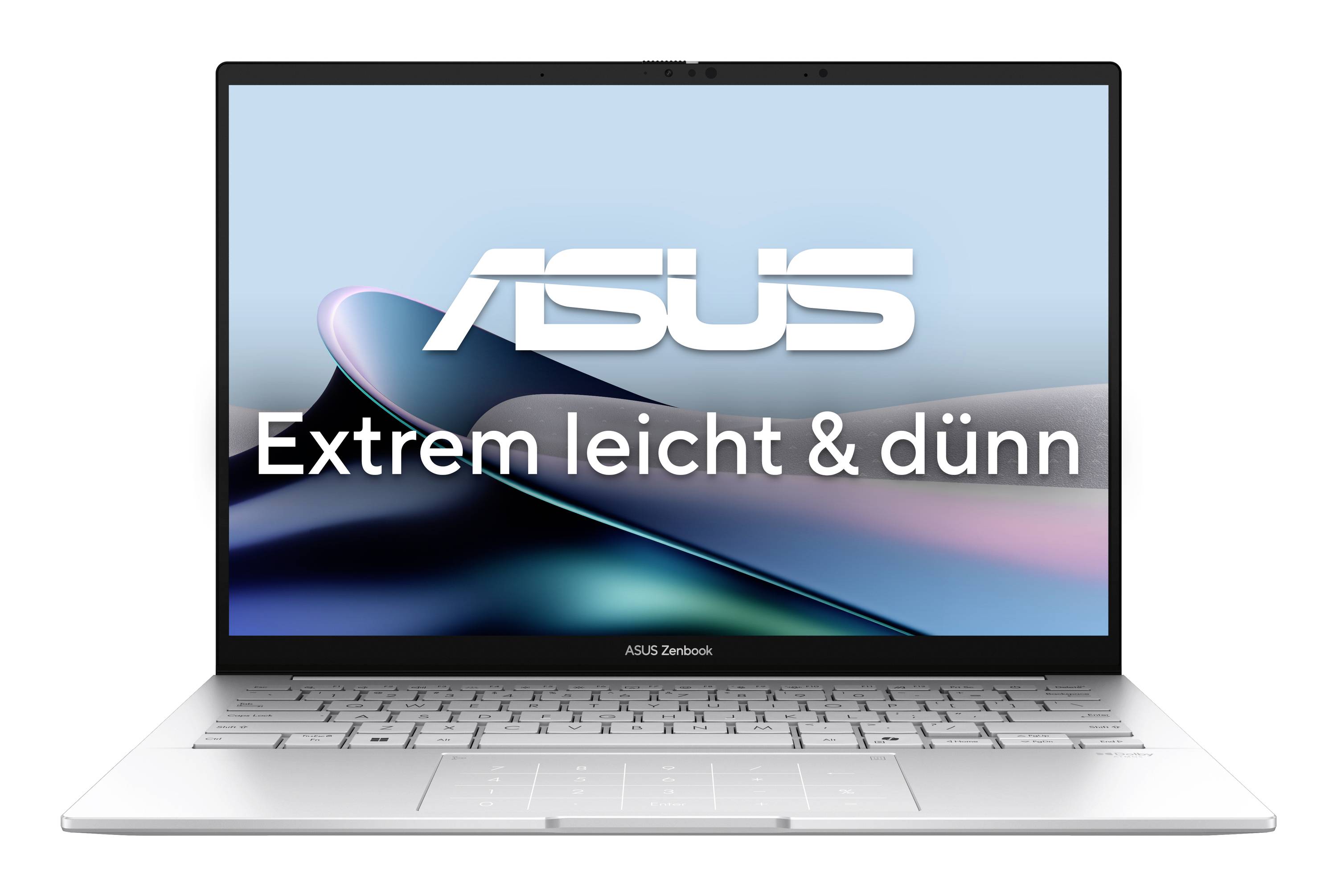 ASUS Zenbook Laptop aufgeklappt gezeigt, mit dem Bildschirm, der „Extrem leicht & dünn