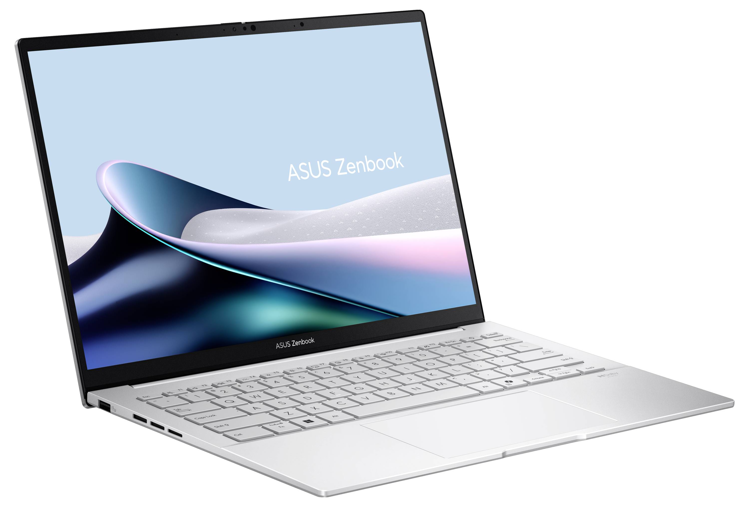 Silberner ASUS Zenbook Laptop in einem Winkel geöffnet, der ein hellblaues Hintergrundbild mit 
