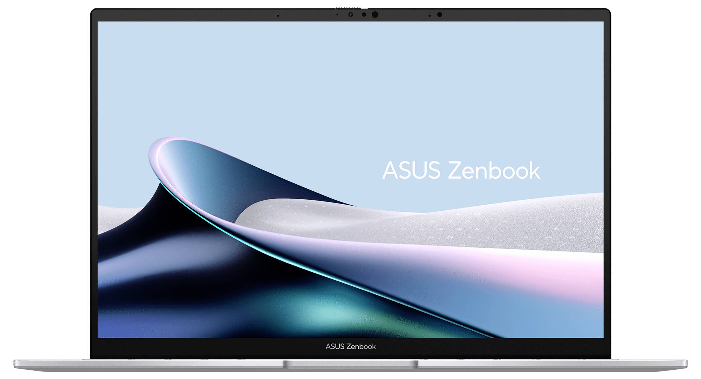 ASUS Zenbook Laptop aufgeklappt mit einem blauen abstrakten Hintergrundbild auf dem Bildschirm.