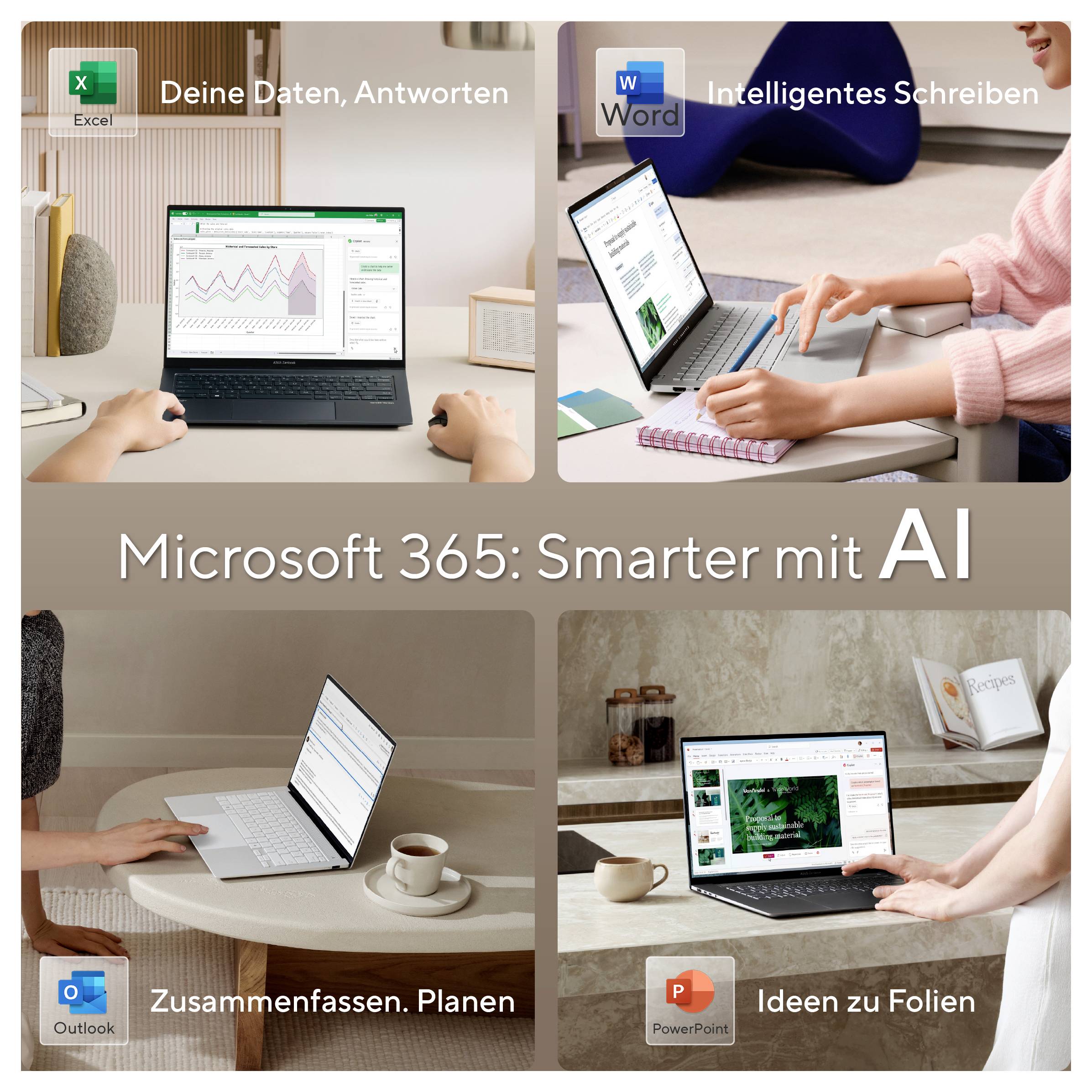 Microsoft 365 KI-Promo-Collage mit Excel-, Word-, Outlook- und PowerPoint-Aufgaben mit dem Text „Microsoft 365: Smarter mit KI