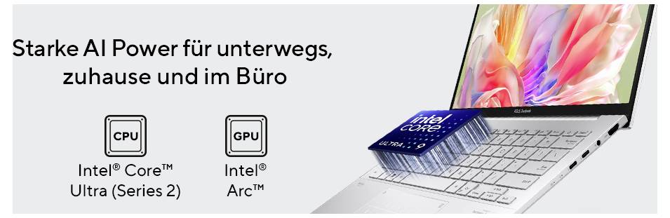 Laptop-Werbung, die starke KI-Leistung für unterwegs, zuhause und im Büro bewirbt, mit Intel Core Ultra (Serie 2) CPU- und Intel Arc GPU-Abzeichen und dem Text „Starke KI-Power für unterwegs, zuhause und im Büro