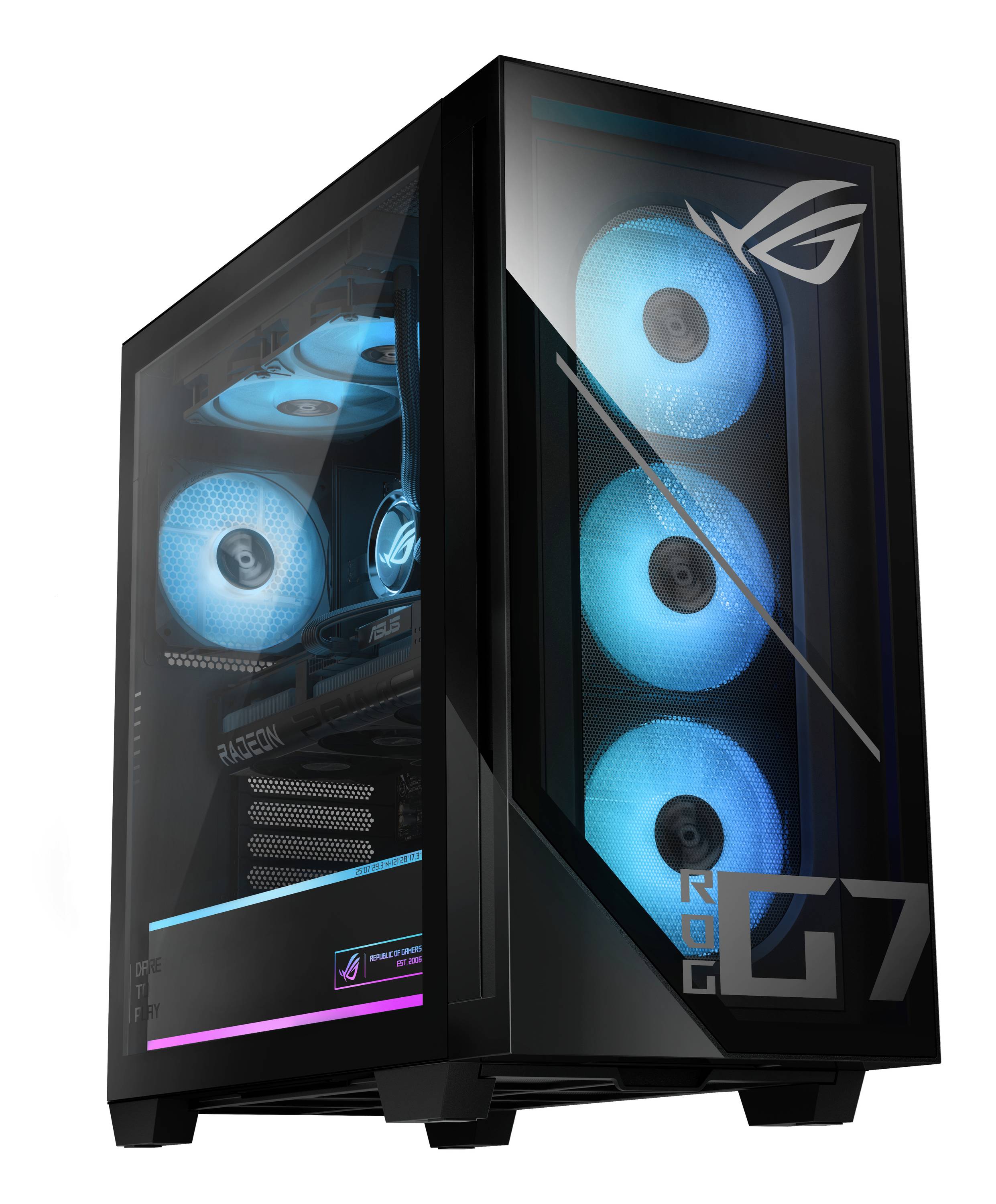 Schwarzes Gaming-PC-Gehäuse mit gehärtetem Glaspaneelen, blaubeleuchteten RGB-Lüftern und ROG-Logo auf der Vorderseite.