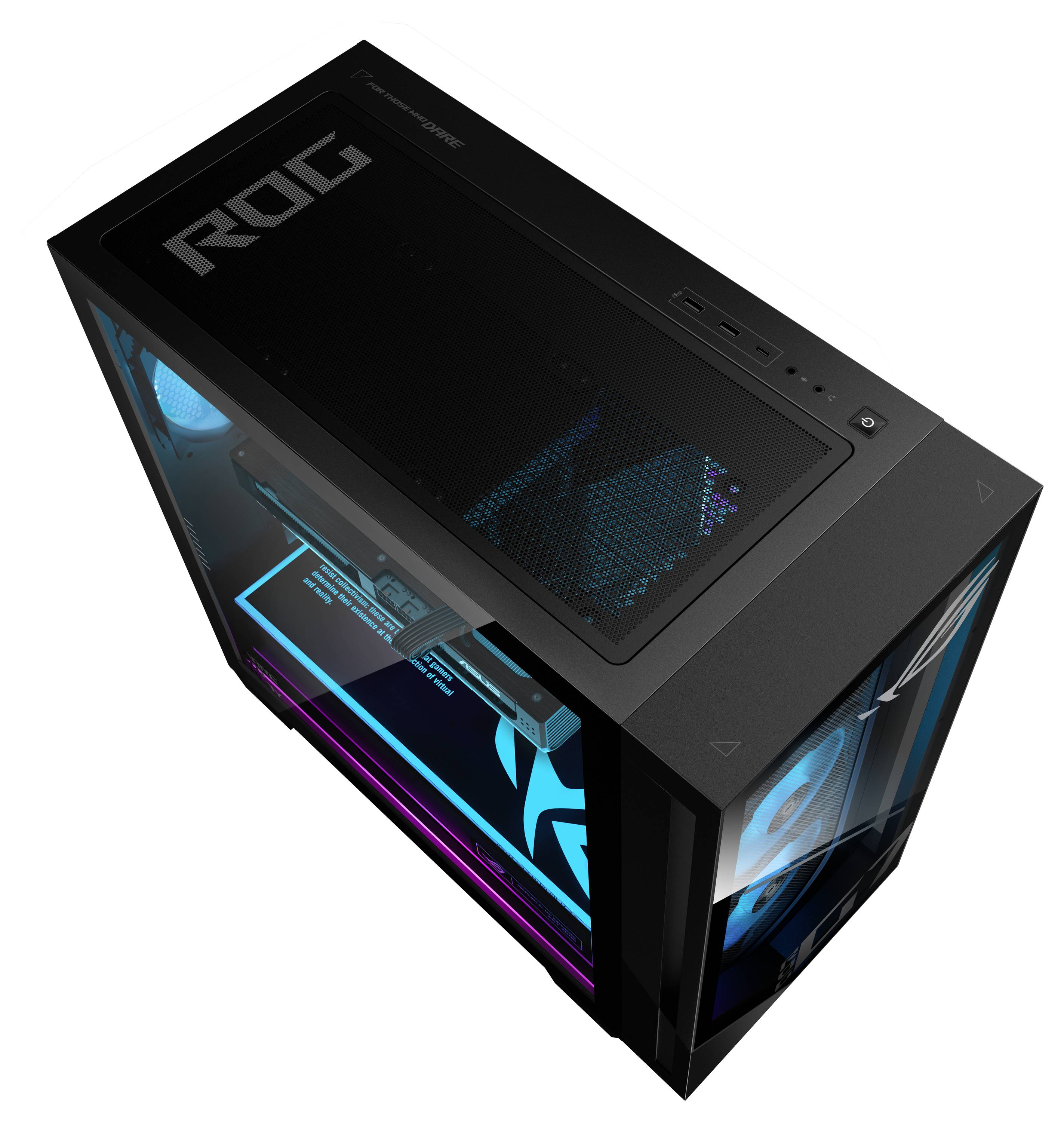 Schwarzer Gaming-PC-Turm mit transparenten Seitenpaneelen, blauer innerer Beleuchtung und 'ROG'-Branding auf der Oberseite.