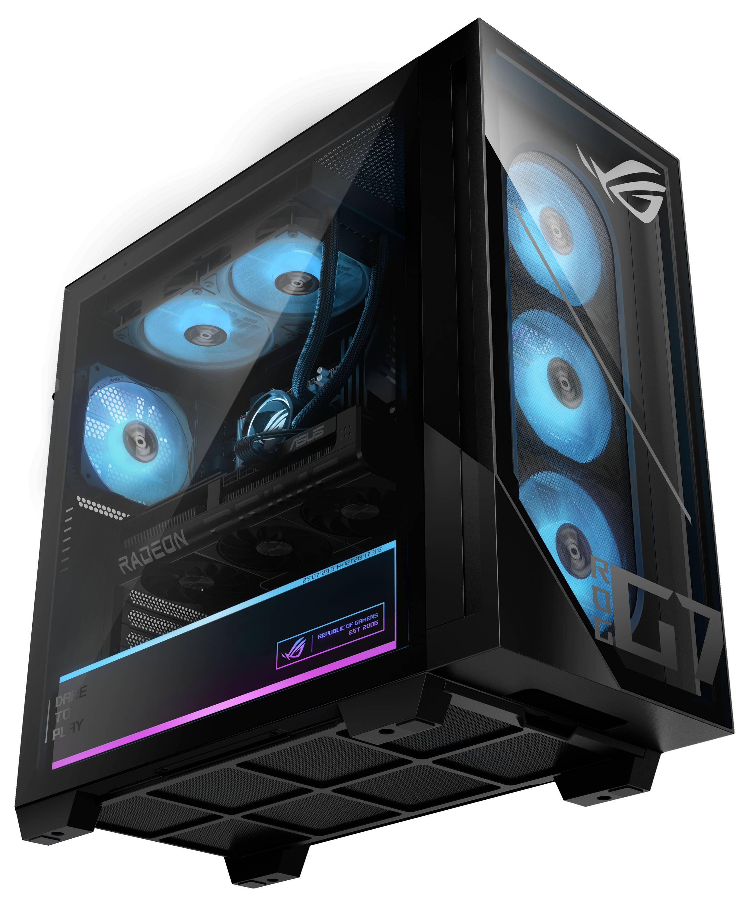 Gaming-Desktop-PC-Tower mit transparentem Seitenpanel, RGB-beleuchteten blauen Lüftern, sichtbarer Radeon-Grafikkarte und ROG-Logo