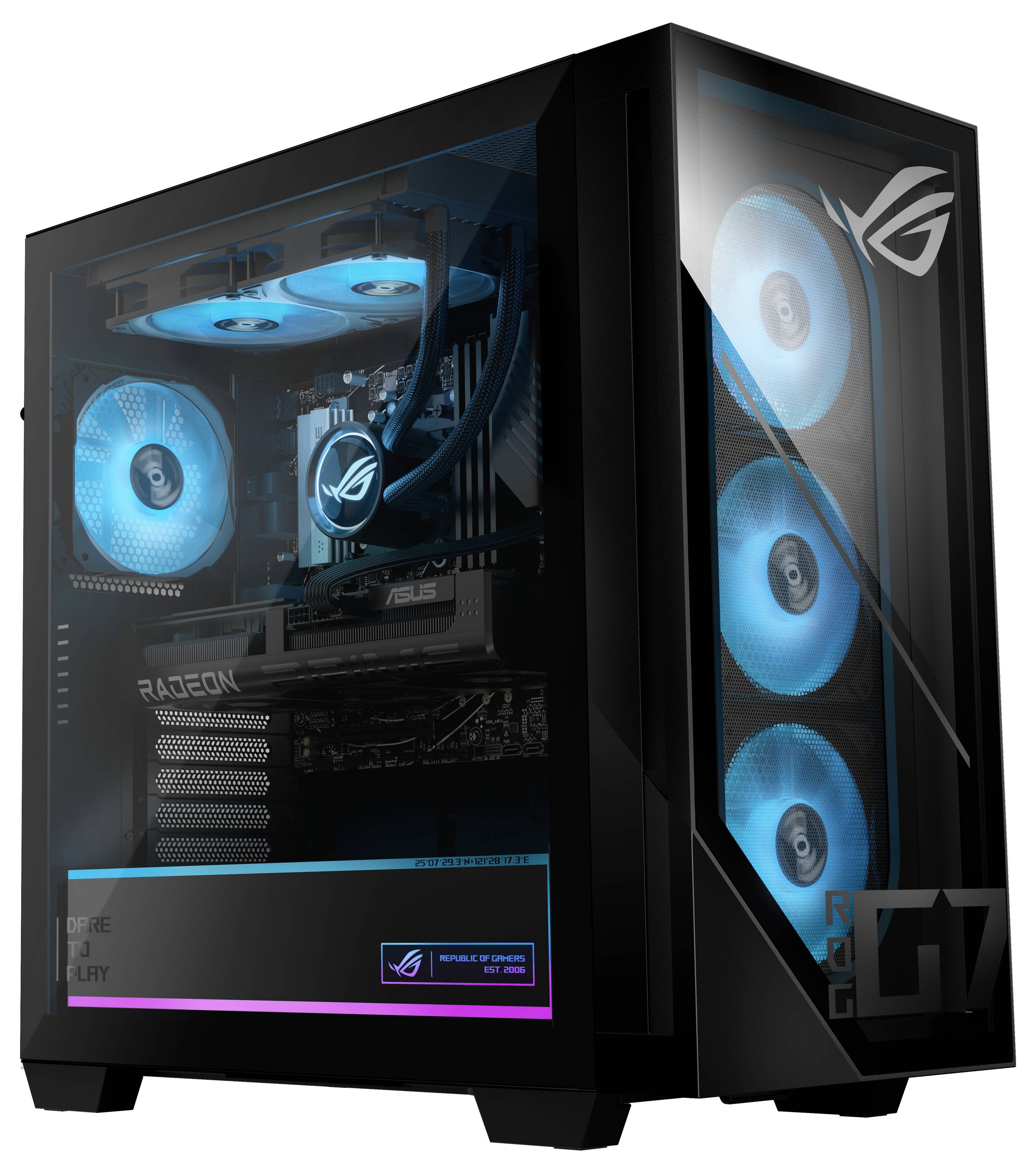 Schwarzer Gaming-PC-Tower mit gehärteten Glaspaneelen, leuchtenden blauen RGB-Lüftern und sichtbaren ASUS ROG/RADEON-Komponenten im Inneren.