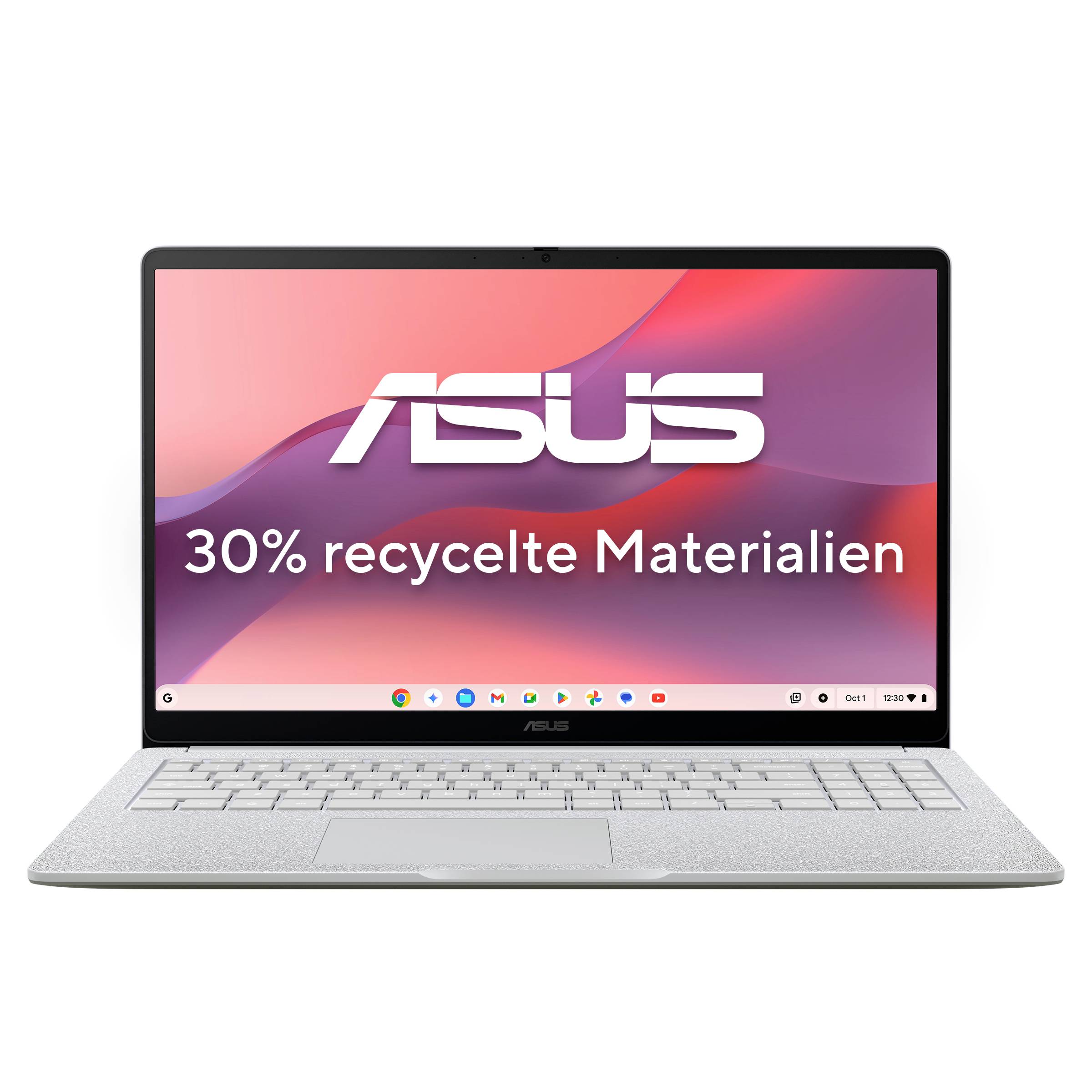 ASUS Laptop von vorne gezeigt mit Bildschirmtext „30% recycelte Materialien