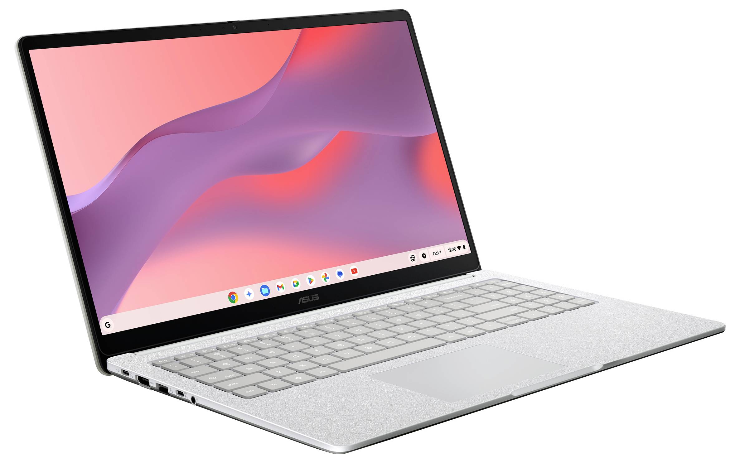 Silberner ASUS-Laptop in einem Winkel geöffnet, zeigt eine rosa-violette abstrakte Tapete und eine zentrierte Taskleiste auf dem Bildschirm.