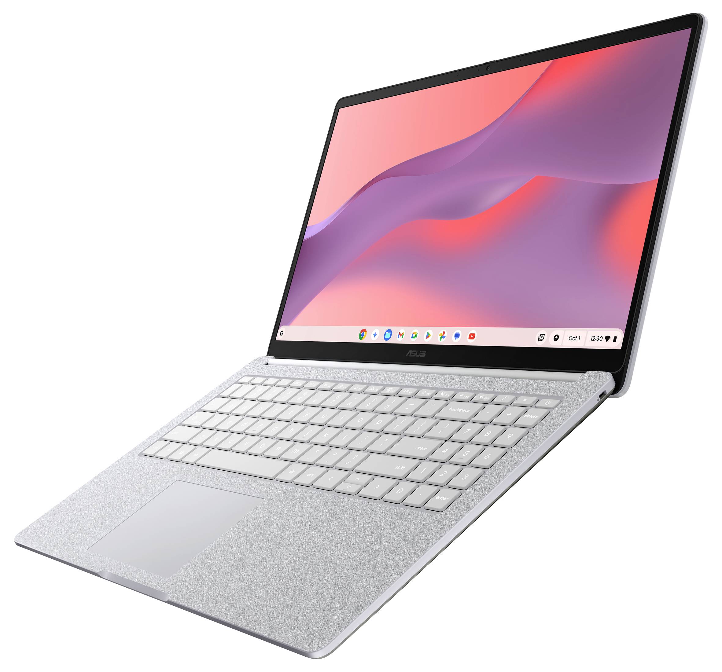 Silberner ASUS-Laptop, der in einem Winkel geöffnet ist und einen rosa-violetten abstrakten Hintergrund sowie eine Windows-ähnliche Taskleiste auf dem Bildschirm anzeigt.