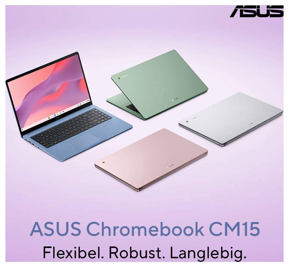 ASUS Chromebook CM15 Laptops in Blau, Grün, Silber und Rosa auf einem pastellfarbenen Hintergrund, mit dem Text „ASUS Chromebook CM15