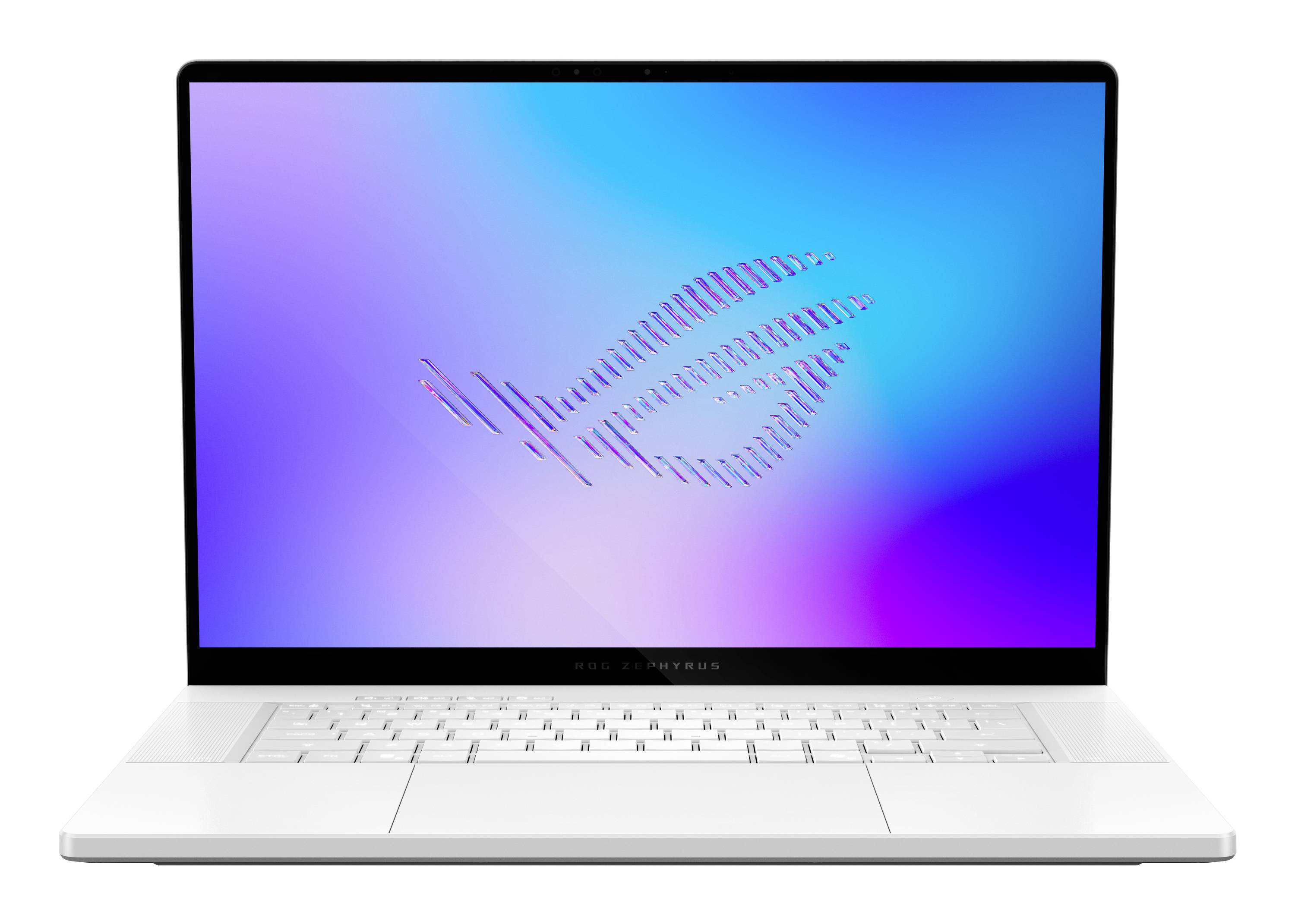 Silberner Laptop mit Bildschirm, auf dem das ROG-Logo auf einem blau-violetten Farbverlaufshintergrund angezeigt wird