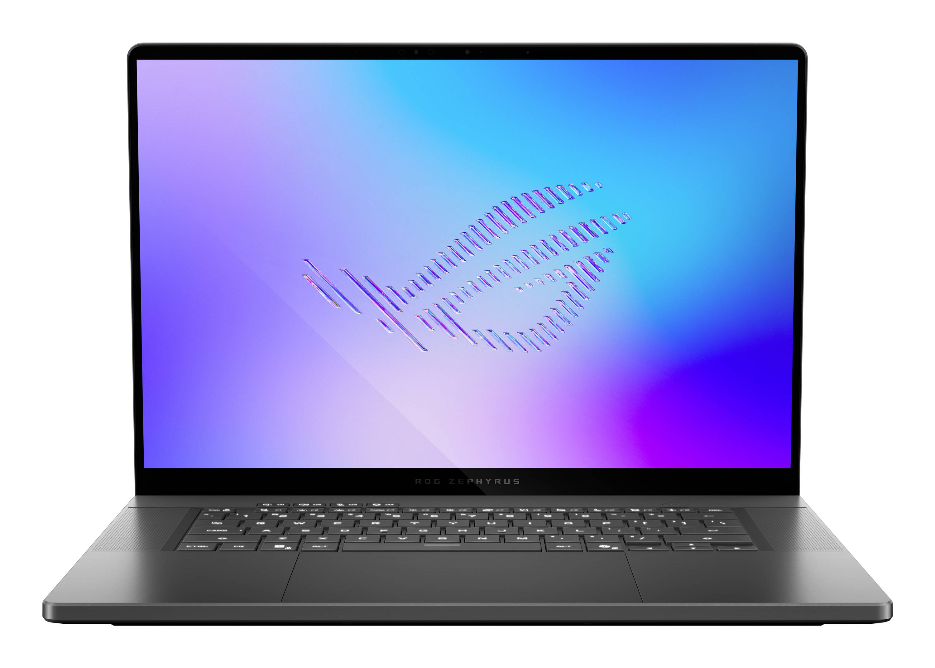 Frontansicht eines geöffneten Laptops mit einem blau-violetten Bildschirm, auf dem das ROG-Logo angezeigt wird, vor weißem Hintergrund.