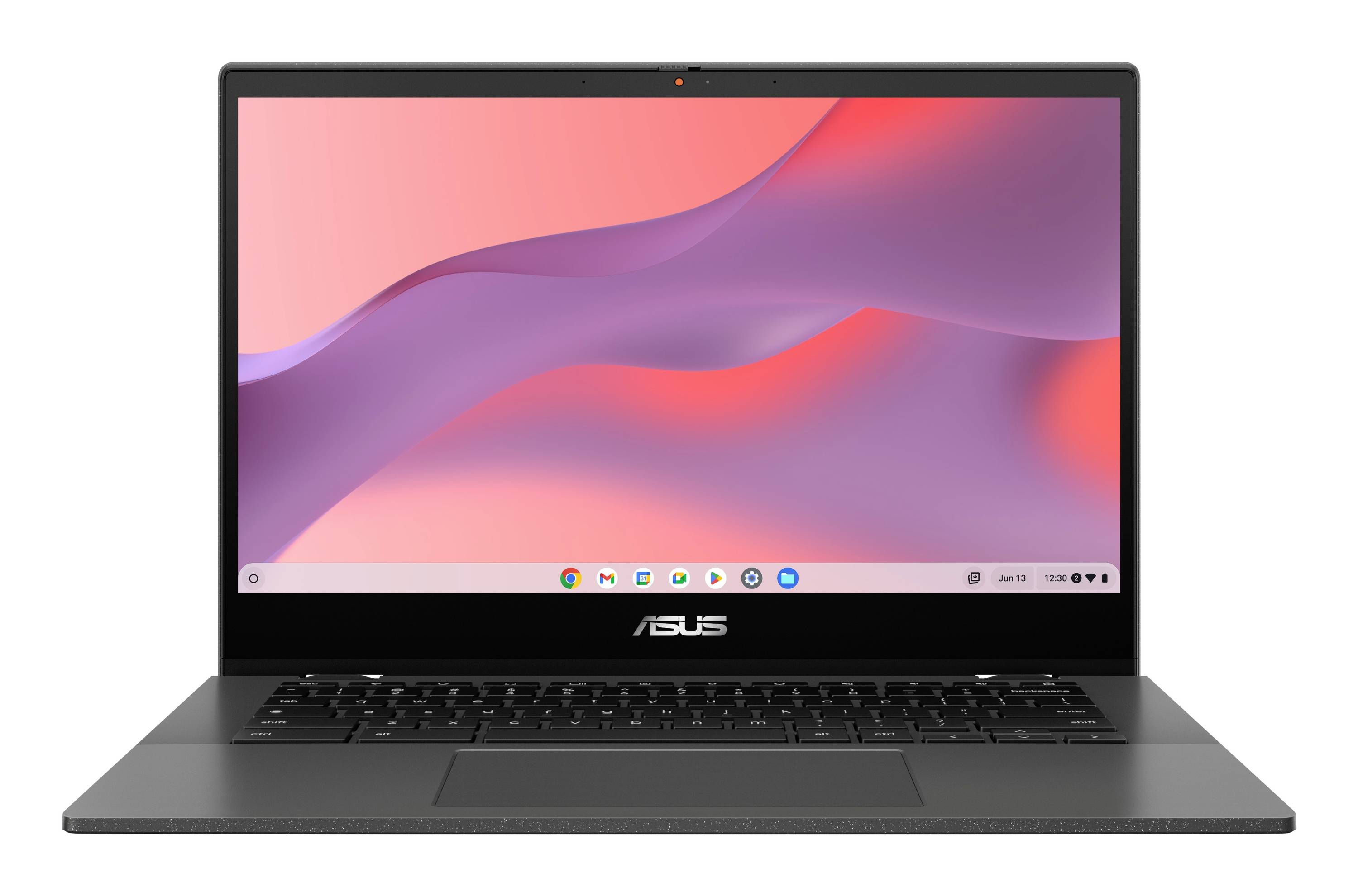 Vorderansicht eines ASUS-Laptops mit eingeschaltetem Bildschirm, das ein rosa-violettes abstraktes Hintergrundbild und eine untere Taskleiste zeigt.