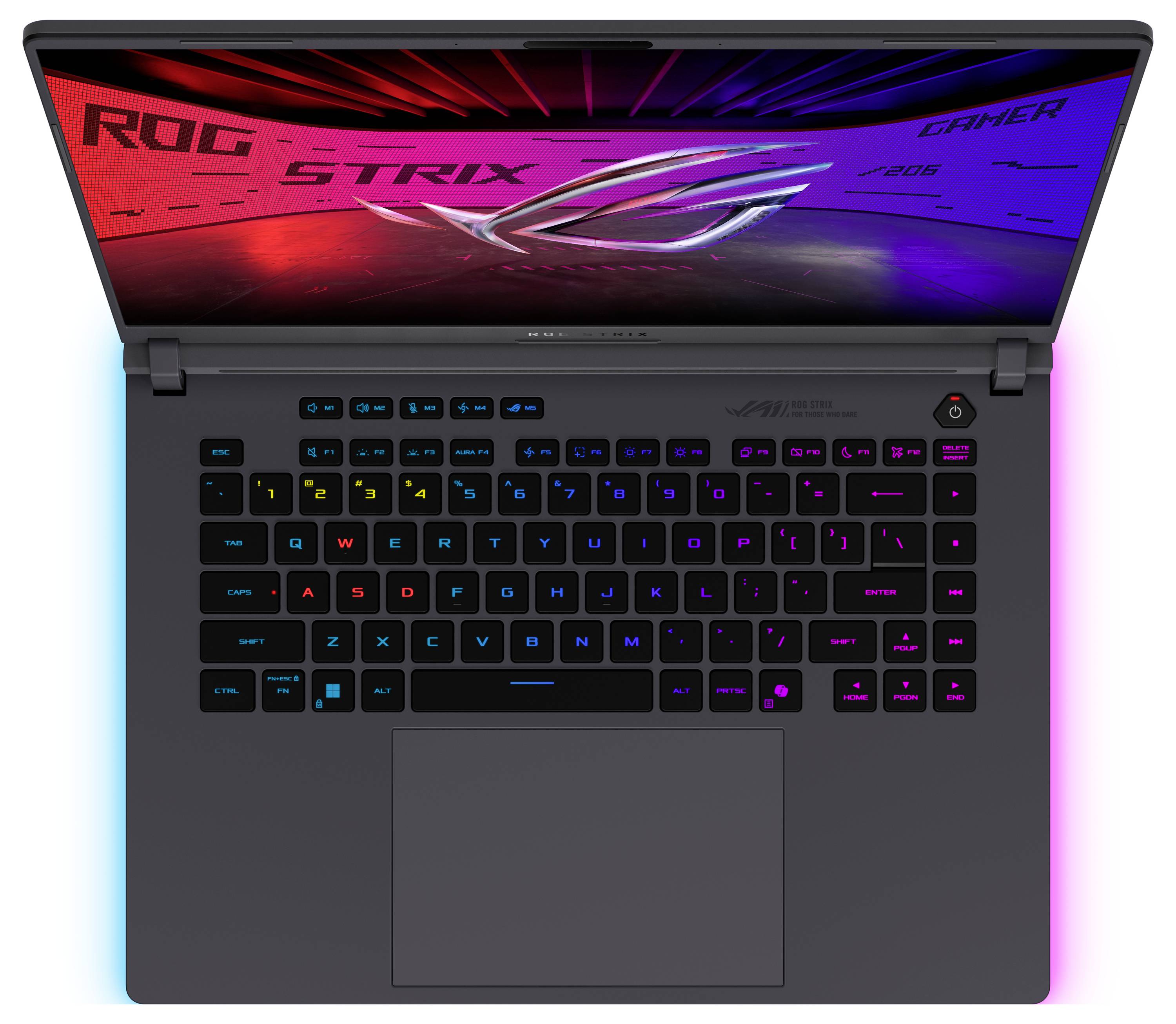 Offener Gaming-Laptop mit RGB-Tastatur und großem Touchpad; der Bildschirm zeigt „ROG STRIX