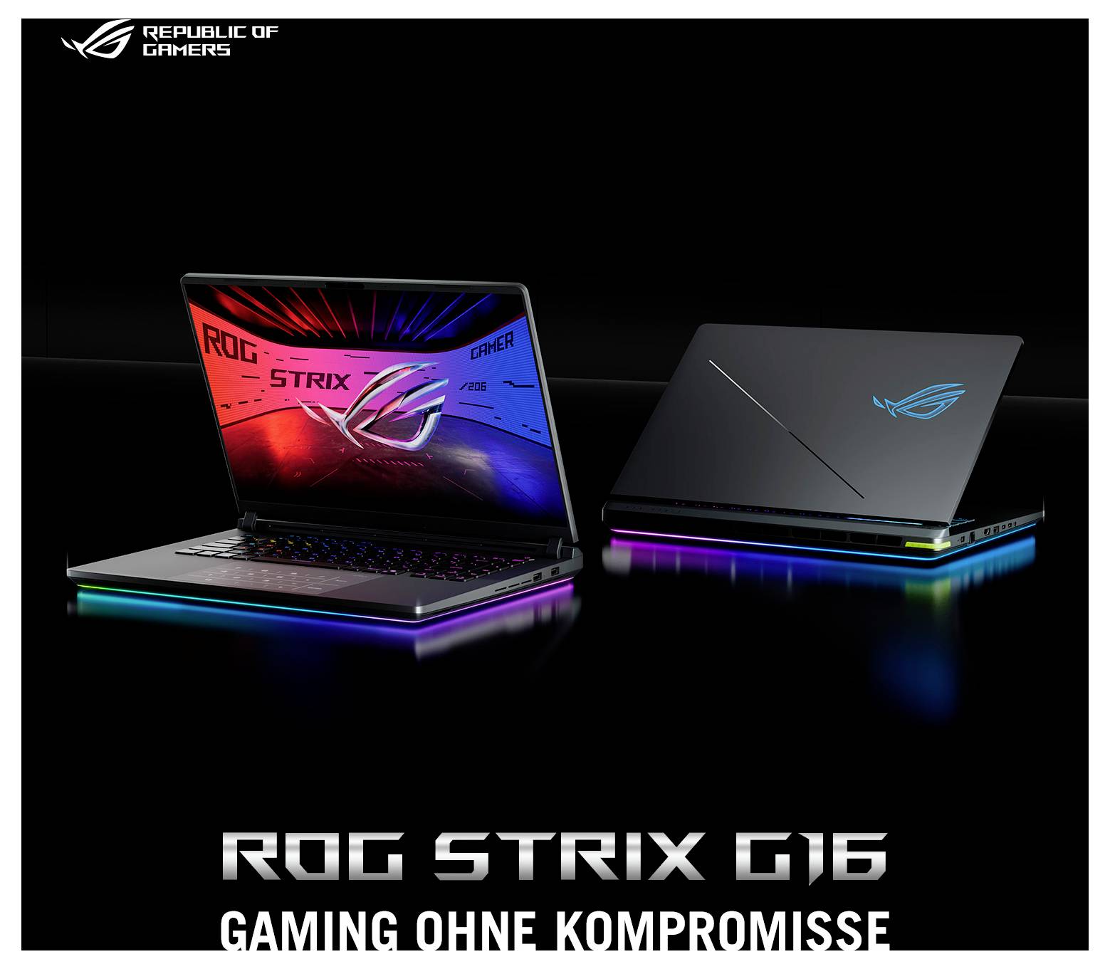 Werbebild von zwei ASUS Republic of Gamers Laptops, Vorder- und Rückansicht, mit der Bezeichnung „ROG STRIX G16