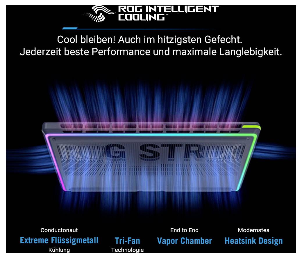 ROG Intelligentes Kühlsystem – Werbung zeigt ein Gaming-Laptop-Kühlsystem mit Luftstrom über das Chassis; deutscher Text besagt „Bleib cool