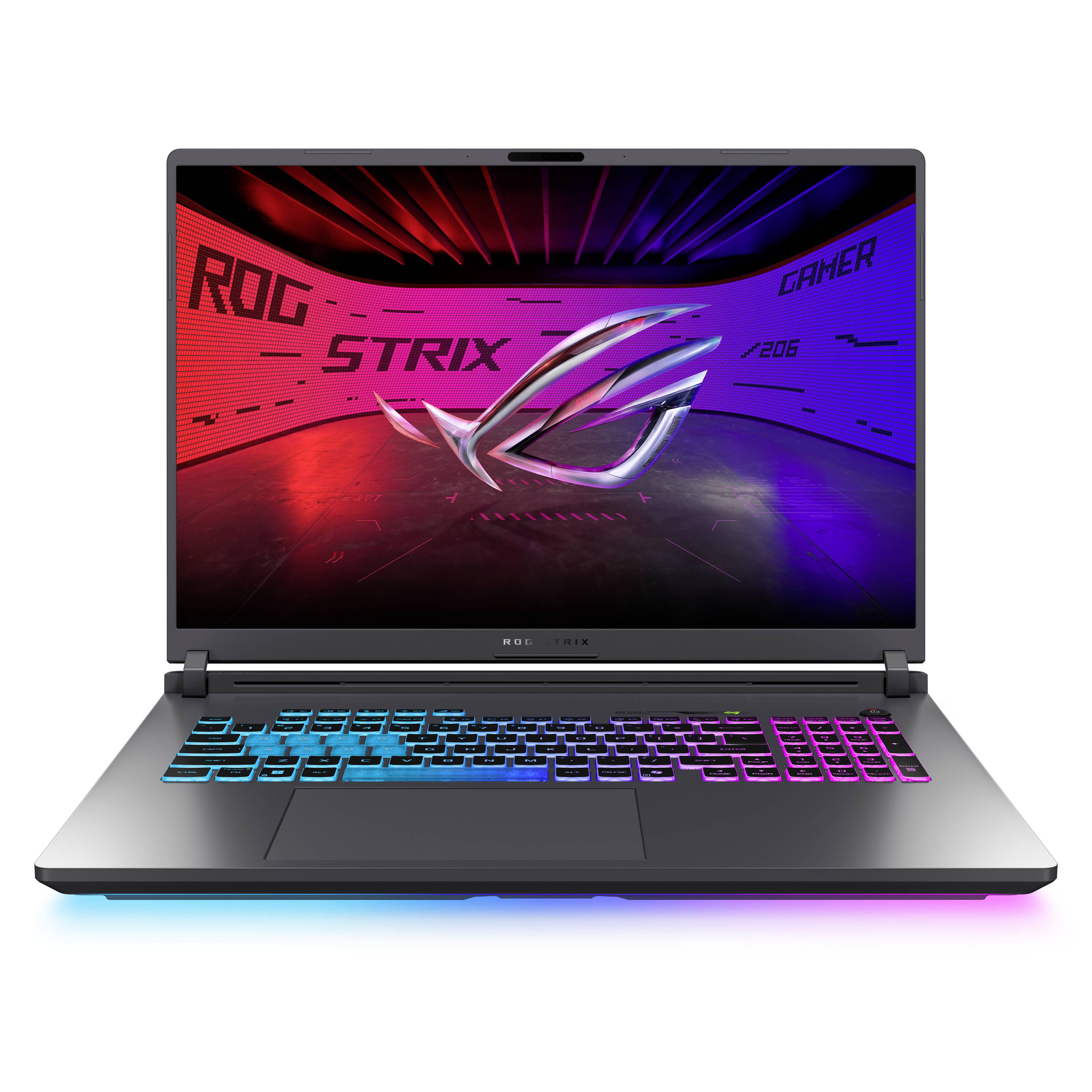 Ein Gaming-Laptop mit beleuchter RGB-Tastatur und Bildschirm, auf dem das Logo 