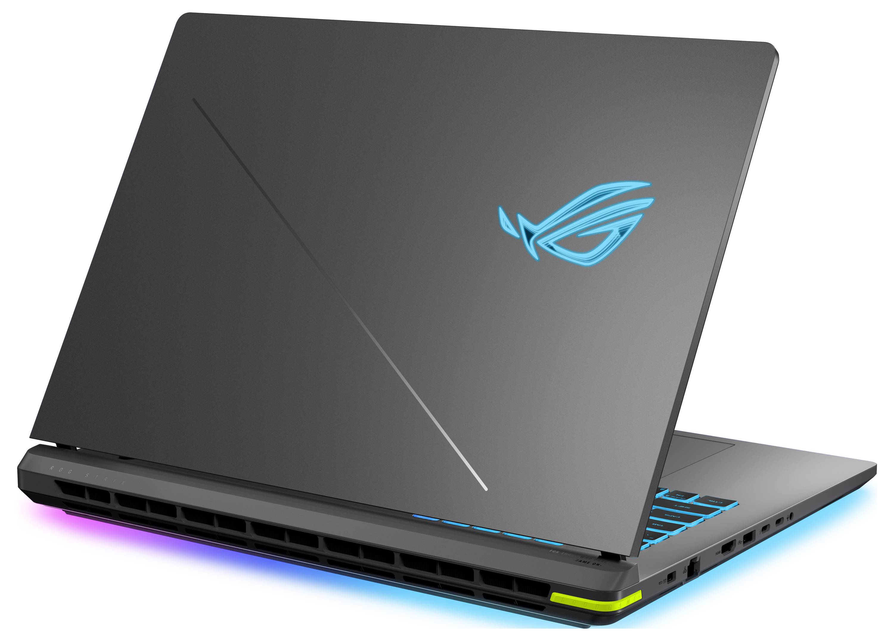 Schwarzer ASUS ROG Gaming-Laptop, teilweise geöffnet, mit blauem beleuchteten Logo und Tastatur-Akzenten.