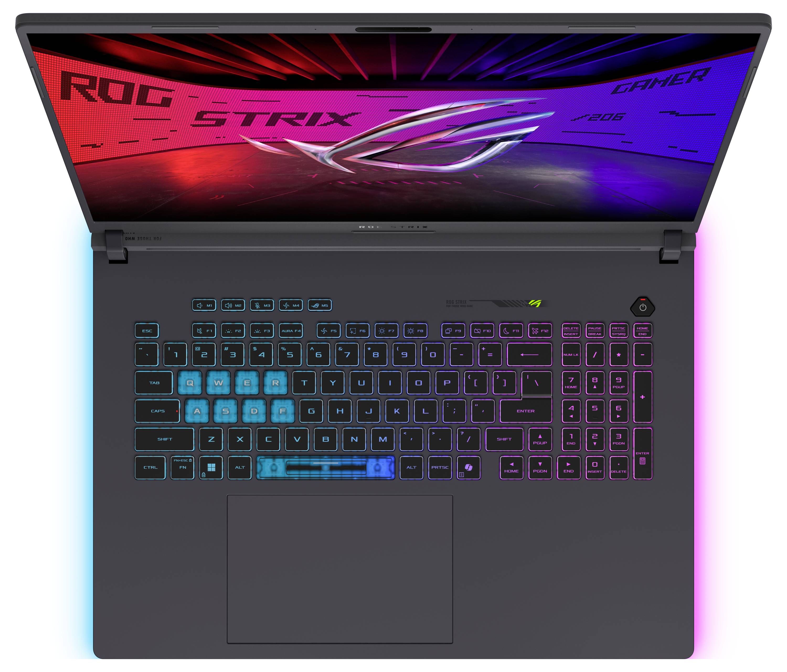 Offener Gaming-Laptop mit ROG Strix Branding auf dem Bildschirm und einer regenbogenfarbig beleuchteten Tastatur, von oben betrachtet.