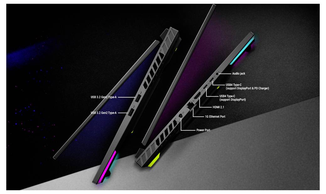 Rendering eines schlanken schwarzen Gaming-Laptops mit leuchtenden RGB-Akzenten und beschrifteten Anschlüssen an der Seite, einschließlich Audiobuchse, USB-C, USB, HDMI, Ethernet und Stromversorgungsanschluss.