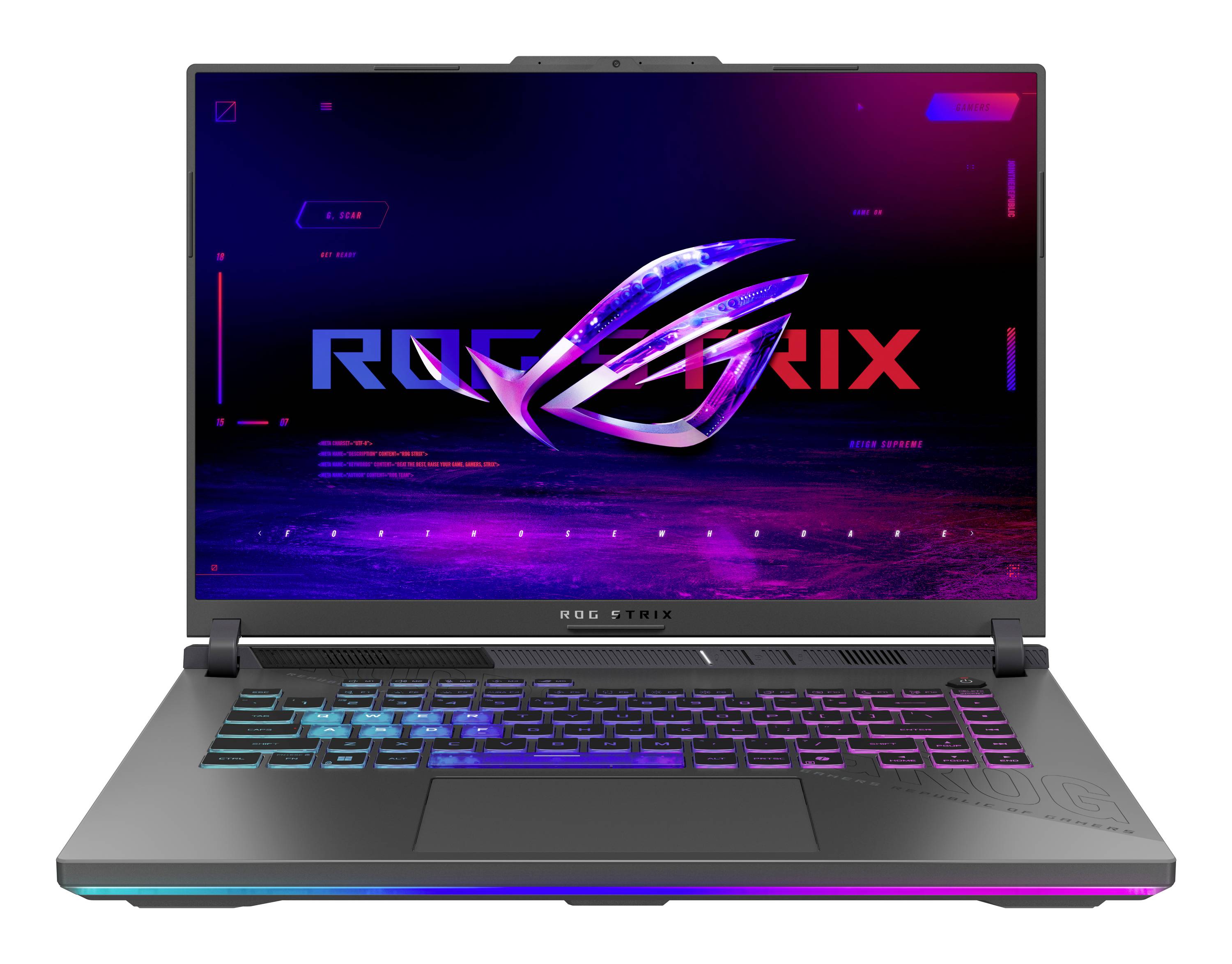 Gaming-Laptop mit ROG Strix-Logo auf einem Neon-blau und rosa Display, mit RGB-beleuchteter Tastatur und schlankem grauem Gehäuse.