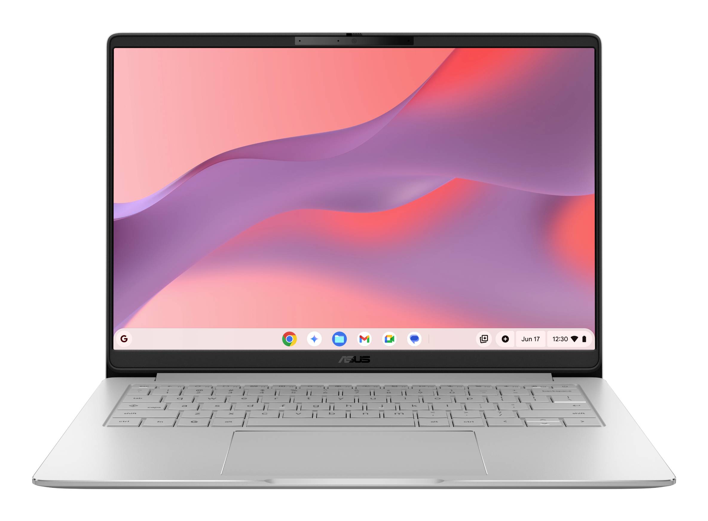 Vorderansicht eines silbernen, aufgeklappten ASUS-Laptops mit rosa-violettem abstraktem Desktophintergrund.