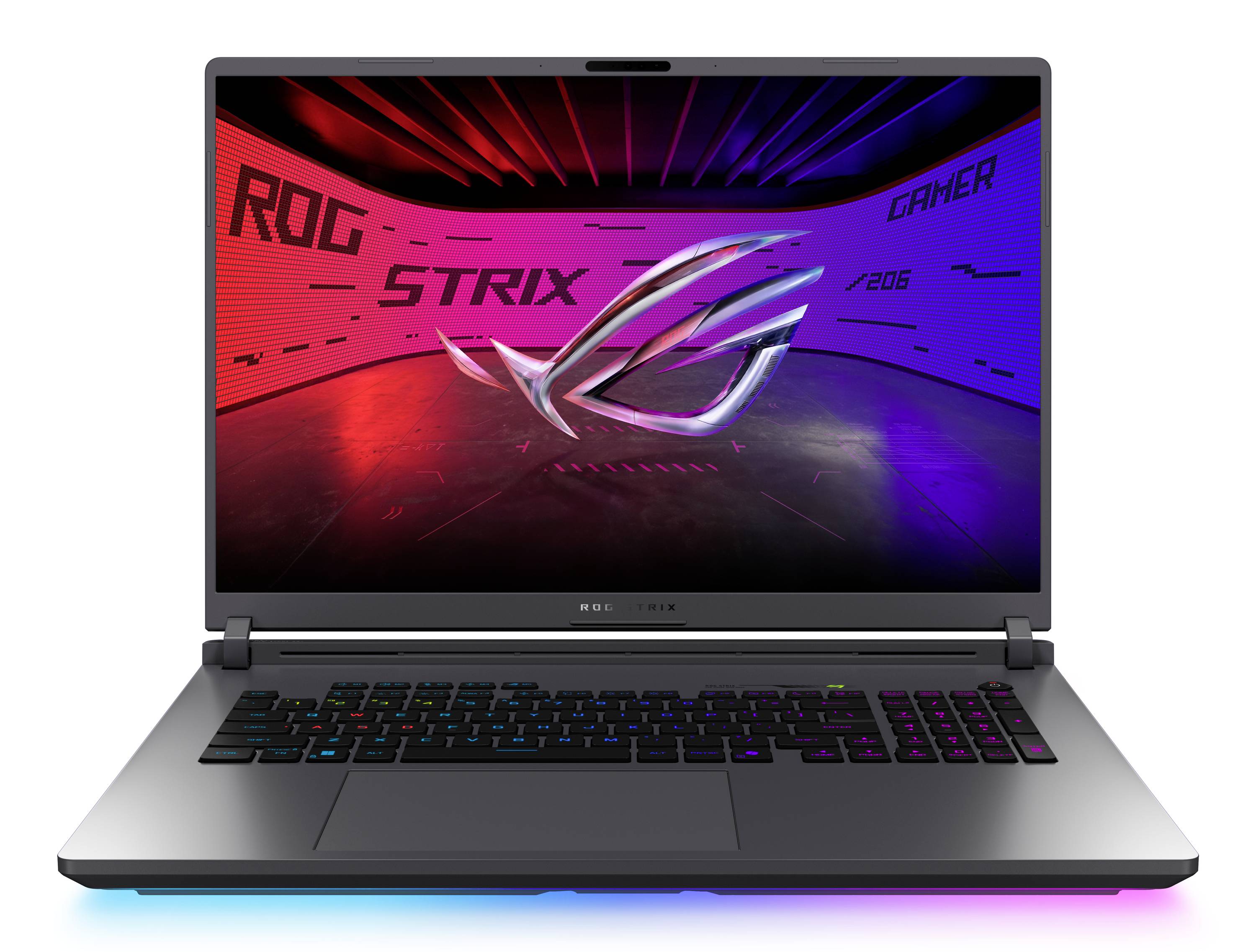 Vorderansicht eines ASUS ROG Strix Gaming-Laptops mit RGB-beleuchteter Tastatur und Bildschirm, auf dem das ROG-Logo und „ROG STRIX GAMER