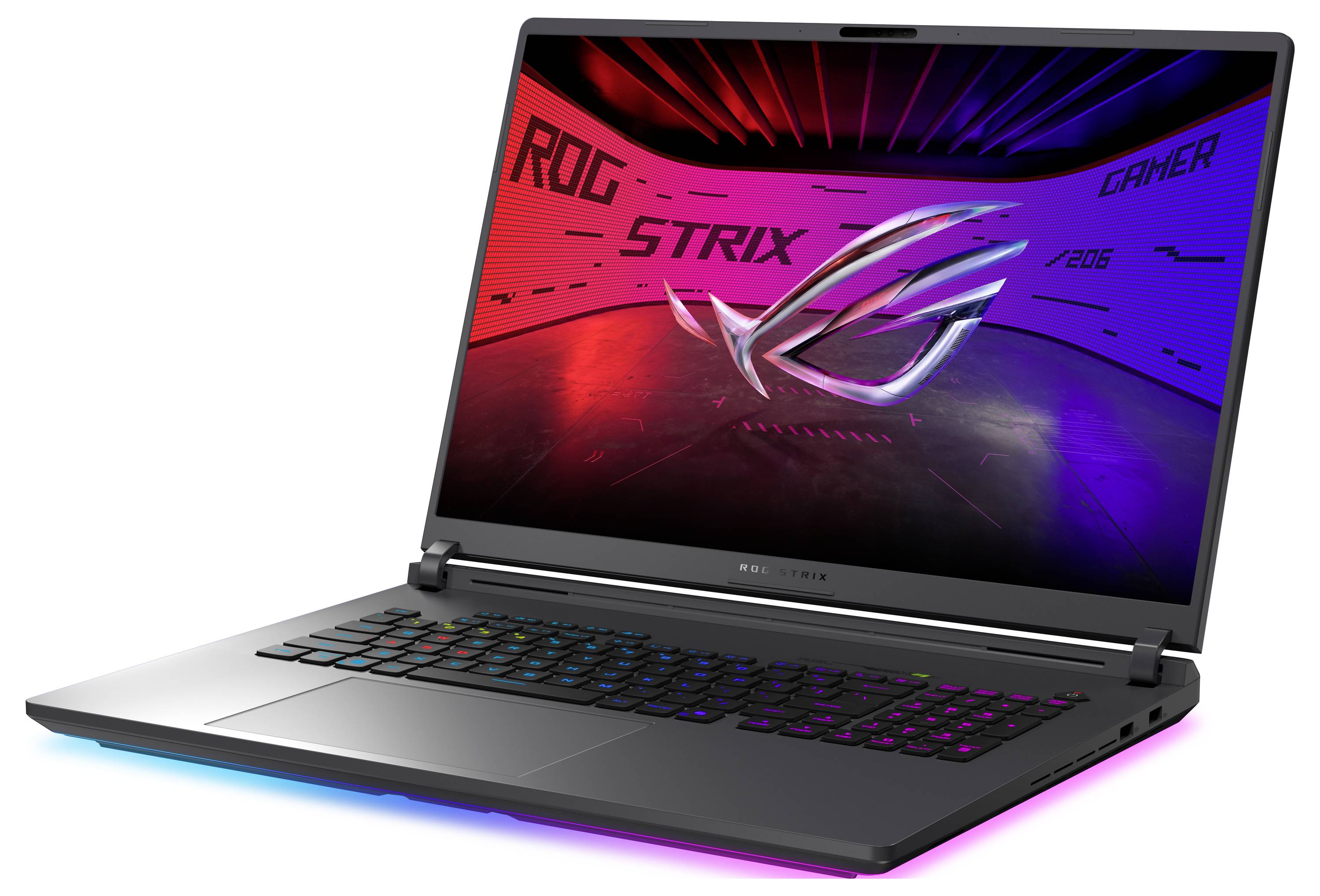 Gaming-Laptop mit RGB-beleuchteter Tastatur und ROG Strix Gaming-Grafik auf dem Bildschirm, geöffnet auf weißem Hintergrund dargestellt.