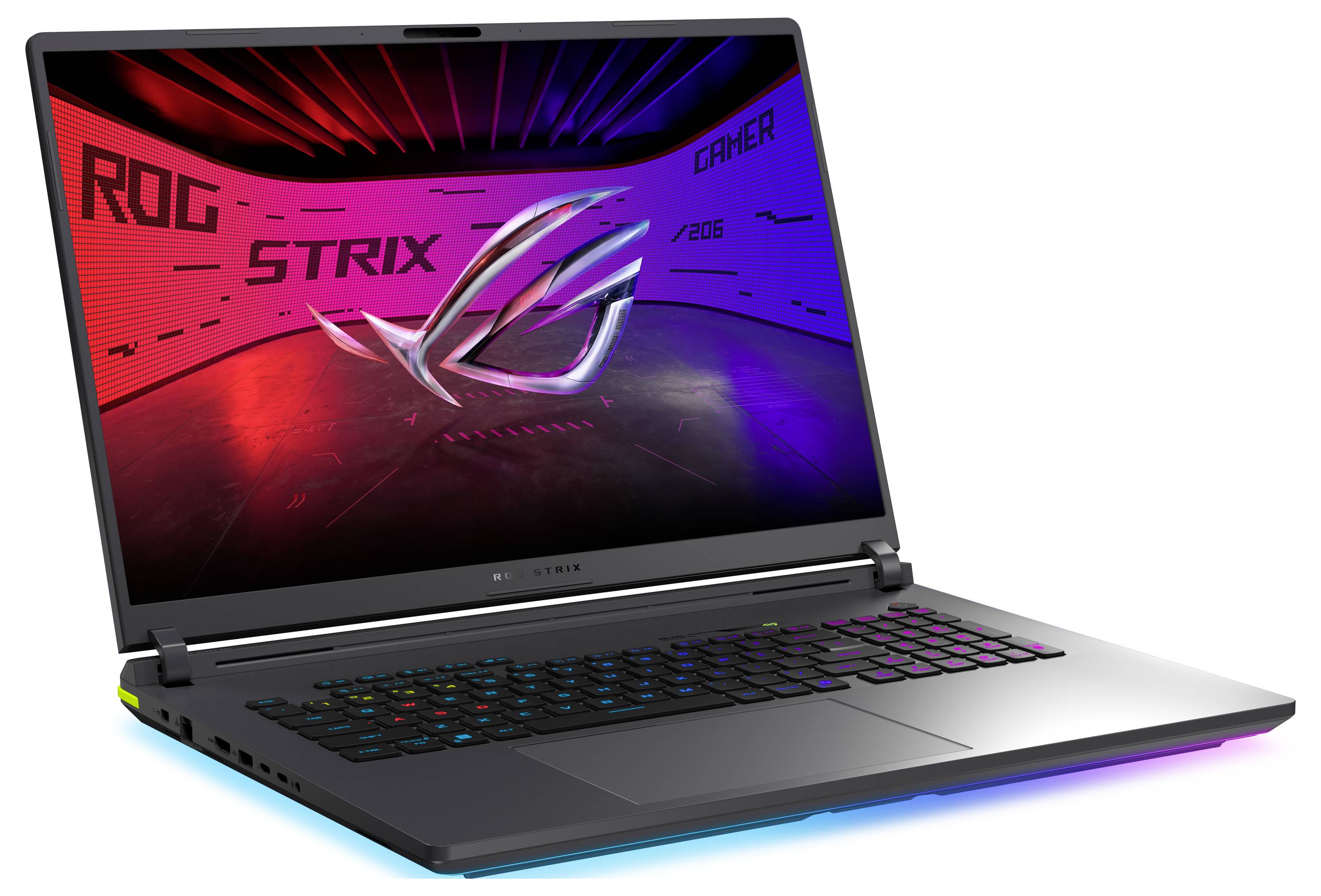 Offener Gaming-Laptop mit RGB-Hintergrundbeleuchtung der Tastatur und Bildschirm, auf dem das ROG Strix Cyber-Logo in Rot und Blau angezeigt wird