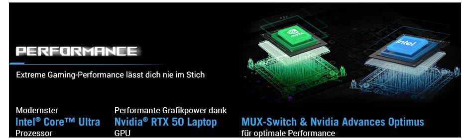 Promotional-Banner für Hochleistungs-Laptops, das Intel Core Ultra und Nvidia RTX 50 Laptop-Grafiken mit MUX-Switch und Nvidia Advanced Optimus auf schwarzem Hintergrund hervorhebt.