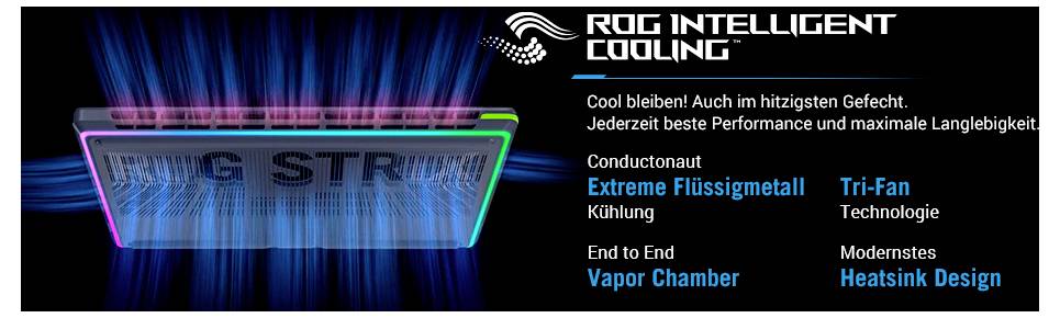 ROG Intelligente Kühlungsgrafik zeigt ein Laptop-Kühlsystem mit Beschriftungen für Extreme Flüssigmetall, Tri-Fan, Vapor Chamber und Heatsink-Design, wobei bessere Leistung und Haltbarkeit betont werden.