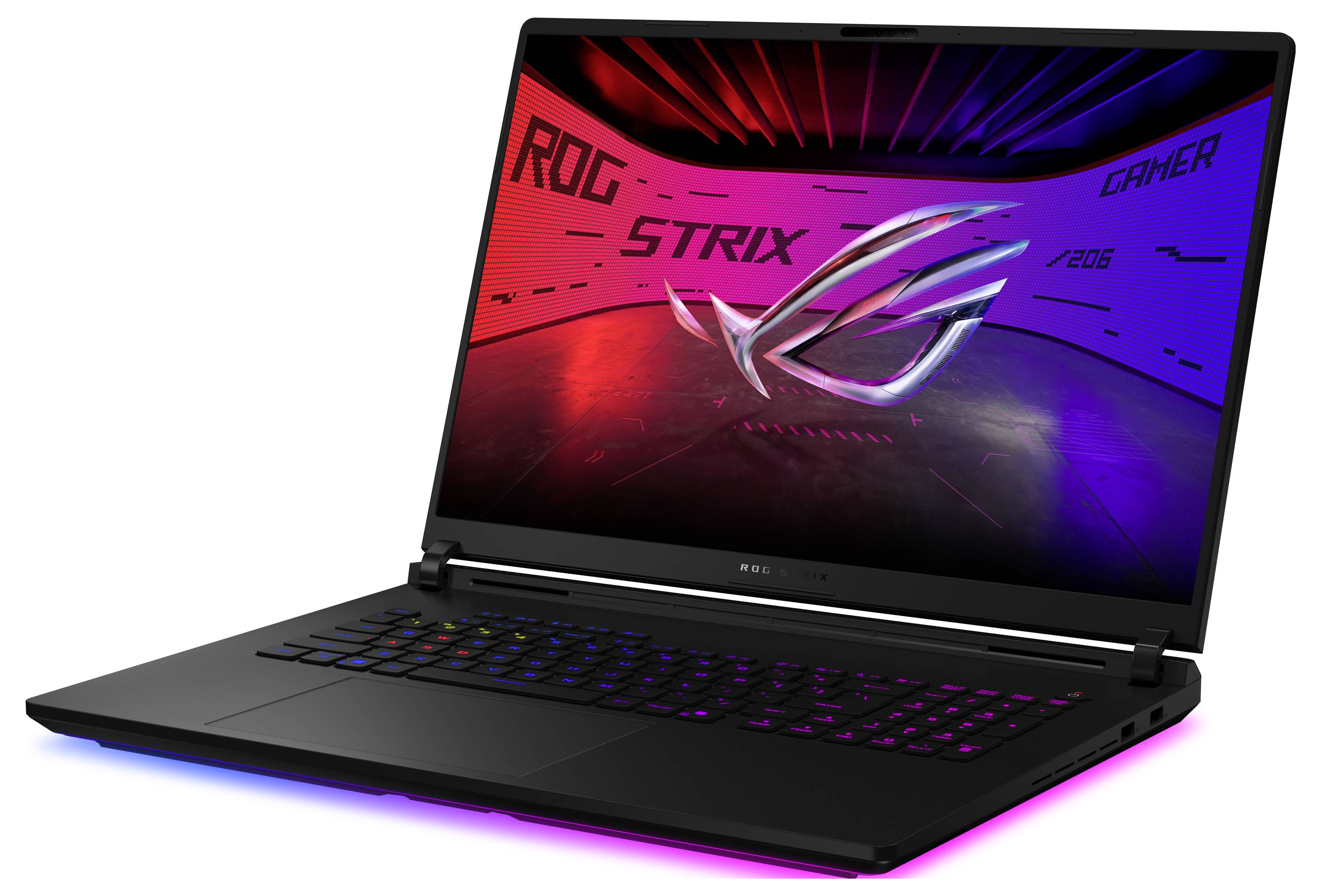 Schwarzer ASUS ROG Strix Gaming-Laptop auf weißem Hintergrund aufgeklappt, zeigt einen rot-blauen „ROG STRIX