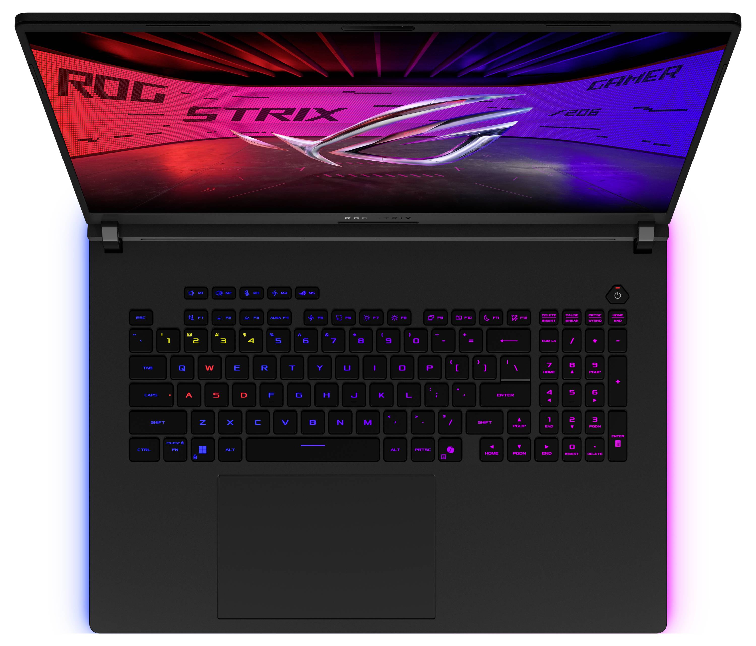 Offener Gaming-Laptop mit RGB-Hintergrundbeleuchtung und Bildschirm mit „ROG STRIX