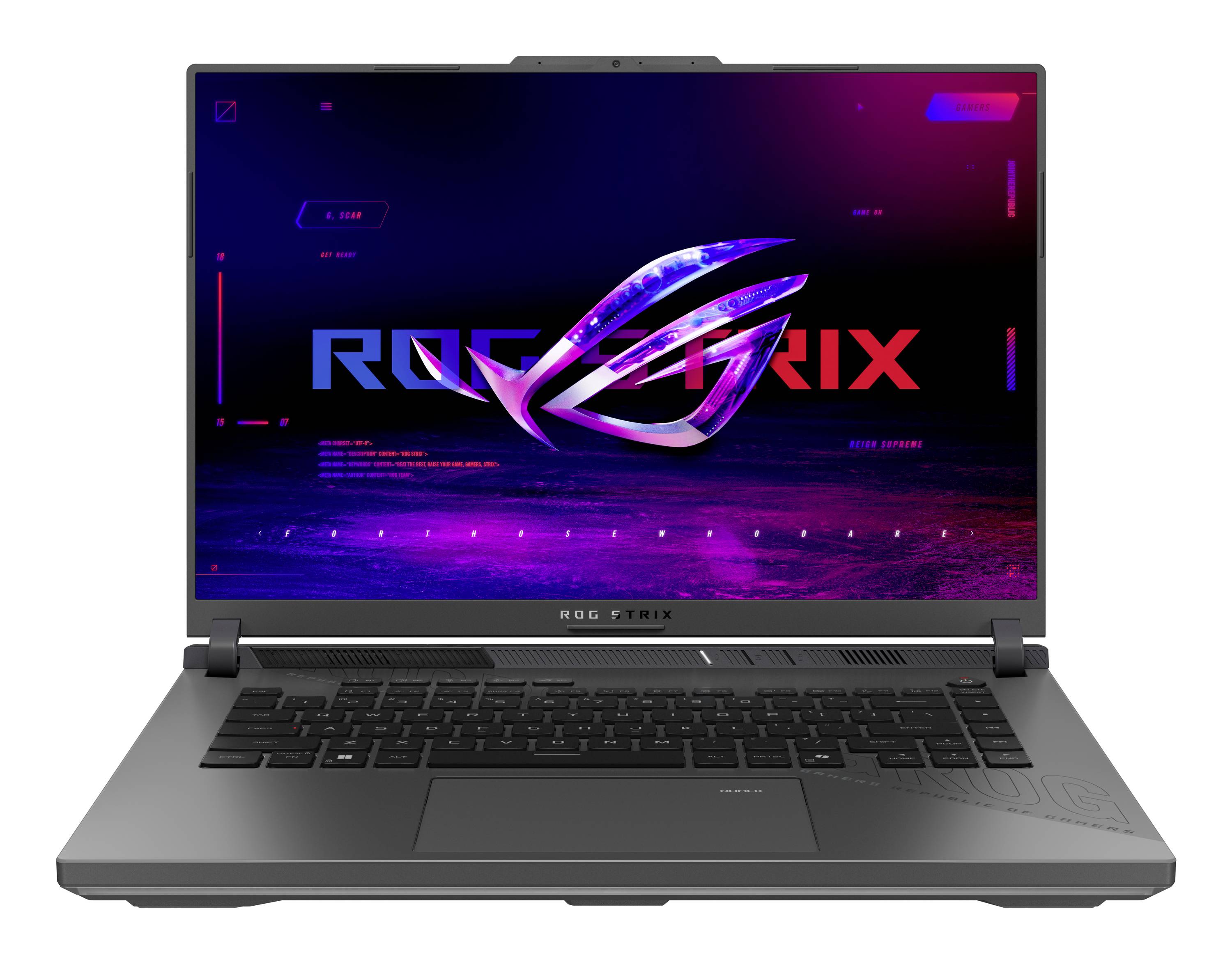 Ein graues Gaming-Laptop mit ASUS ROG-Logo und neonfarben leuchtender Science-Fiction-Hintergrundbild auf dem Bildschirm.