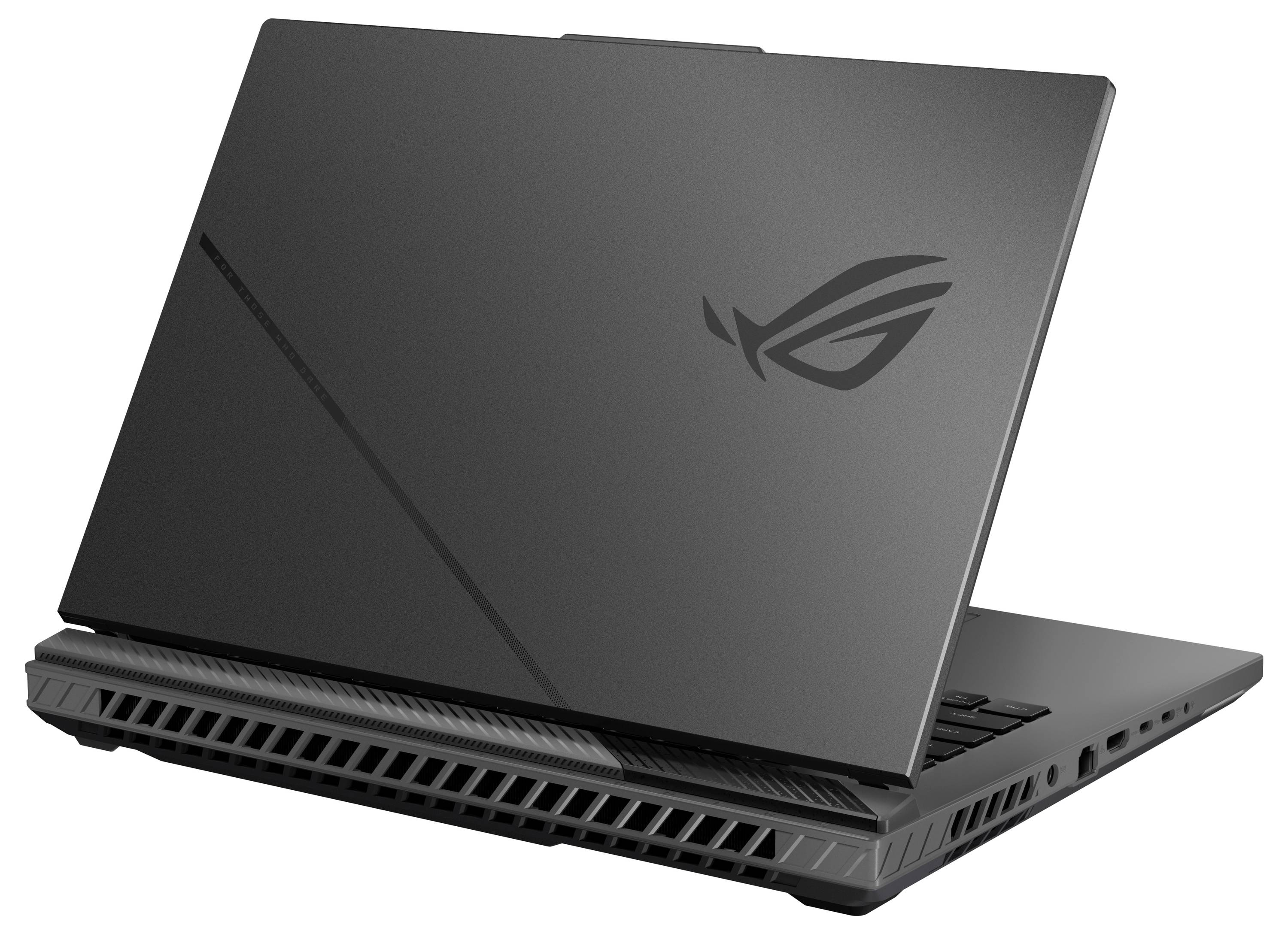 Schwarzer ASUS ROG Gaming-Laptop, teilweise geöffnet dargestellt, mit beleuchtetem Hinterlüftungsdesign und Republic of Gamers Logo auf dem Deckel.