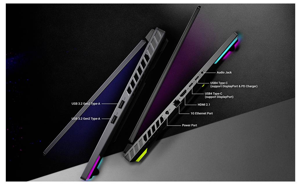 Seitenansicht eines Gaming-Laptops mit Anschlussplatzierungen: USB-C, USB-A, HDMI, Ethernet, Stromversorgung und Audiobuchse, mit RGB-Beleuchtungsakzenten.