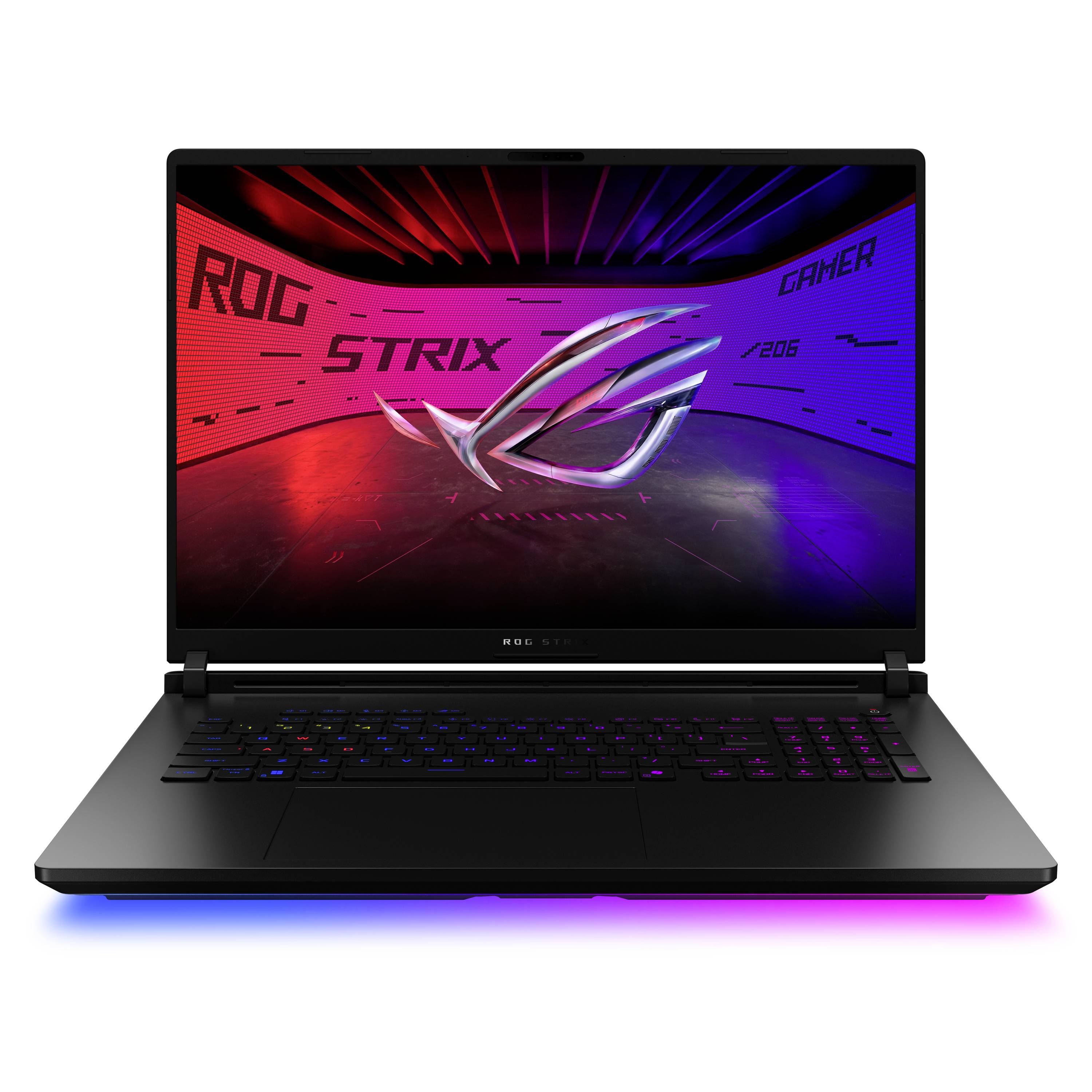 Vorderansicht eines ASUS ROG Strix Gaming-Laptops mit RGB-beleuchteter Tastatur und einem rot-blauen Gaming-Hintergrundbild auf dem Bildschirm.
