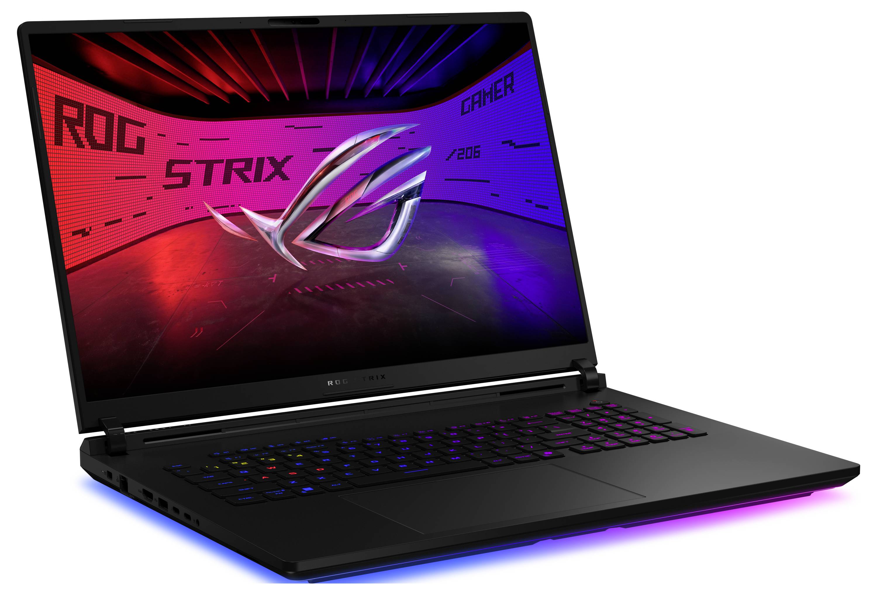 Schwarzer ROG Strix Gaming-Laptop im geöffneten Zustand, mit RGB-beleuchterter Tastatur und einem rot-blauen „ROG STRIX"-Display mit dem ASUS ROG-Logo.