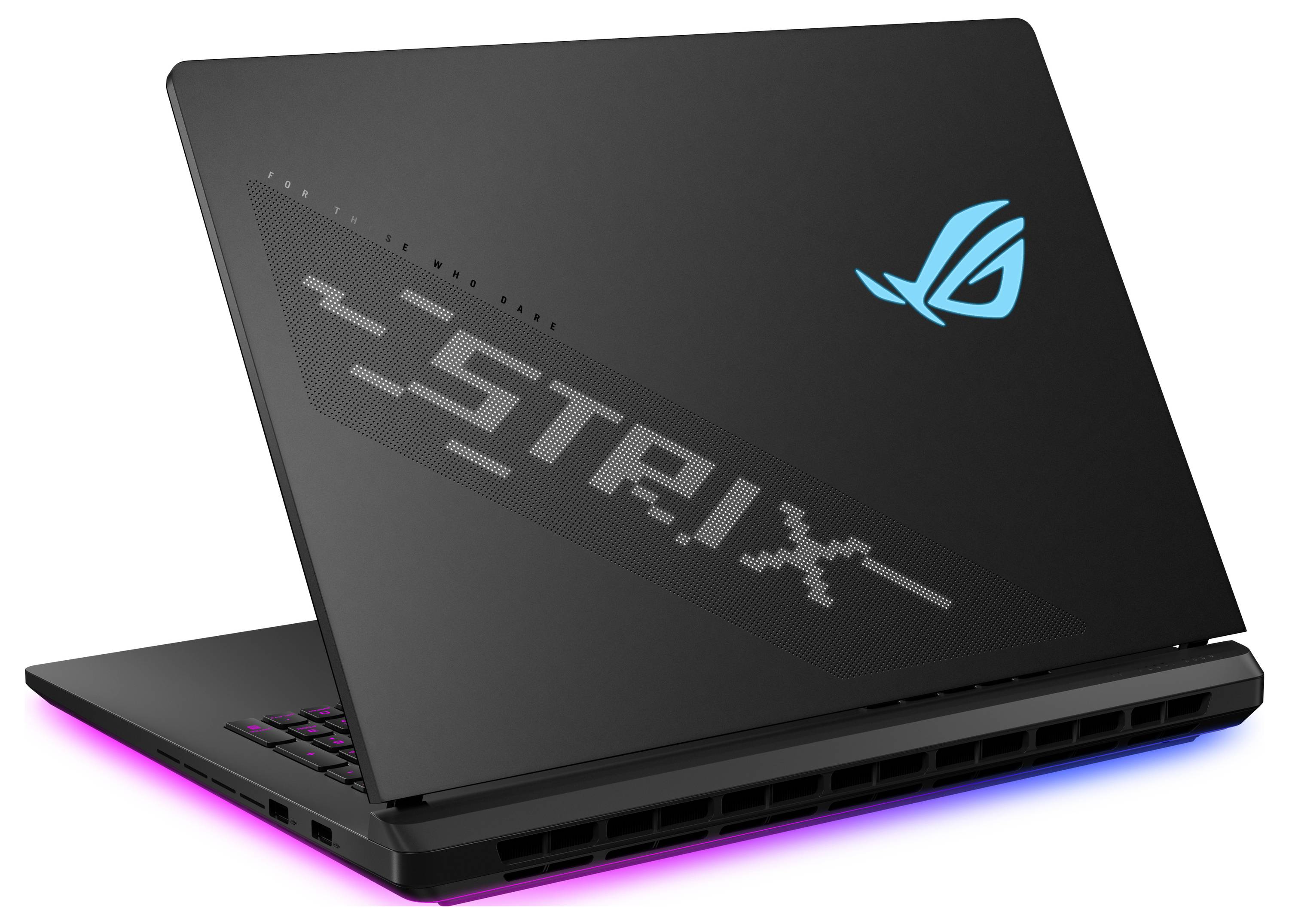 Schwarzer ASUS ROG Gaming-Laptop halb geöffnet, mit leuchtendem rosa und blauen Unterlichtern und ROG-Logo auf dem Deckel.