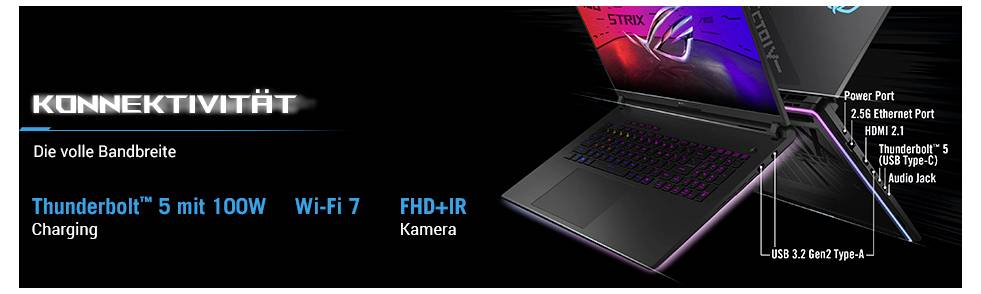 Laptops-Werbesystem mit Konnektivitätshervorhebung: Thunderbolt 5 mit 100-W-Laden, Wi-Fi 7, FHD+ IR-Kamera und Anschlüsse einschließlich Stromversorgung, Ethernet, HDMI, Thunderbolt 5, USB Typ-A und Audiobuchse.