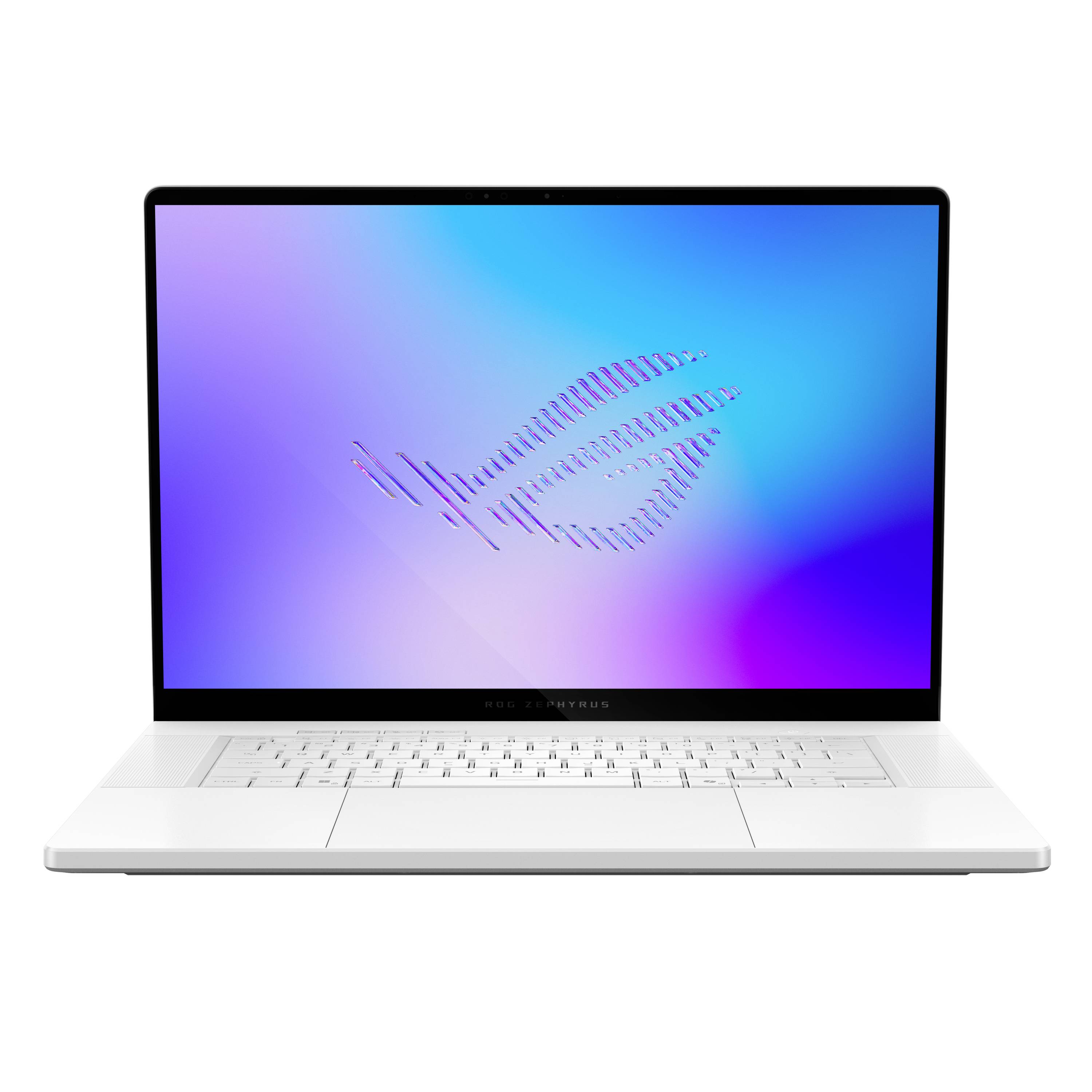 Silberner Laptop mit einem farbenfrohen blauvioletten Bildschirm, der das ROG-Logo auf weißem Hintergrund zeigt.