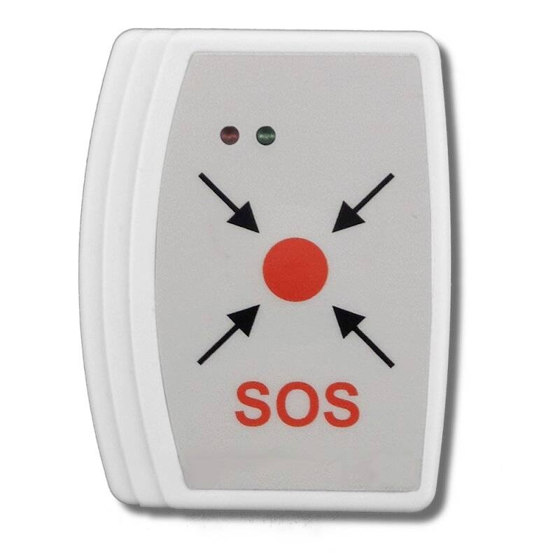 Notruf-SOS-Schaltfläche mit rotem Zentrum und vier nach innen zeigenden Pfeilen, gekennzeichnet mit „SOS