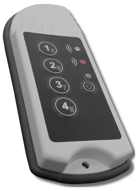 Tragbares elektronisches Zugangstastaturfeld mit vier nummerierten Tasten und Anzeigelichtern.