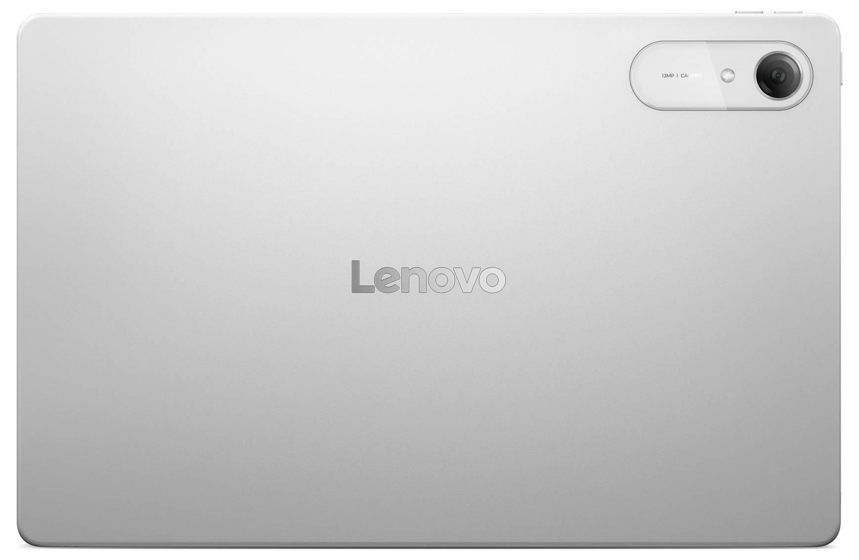 Silbernes Lenovo-Tablet von hinten mit Rückkamera und Blitz in der oberen rechten Ecke.