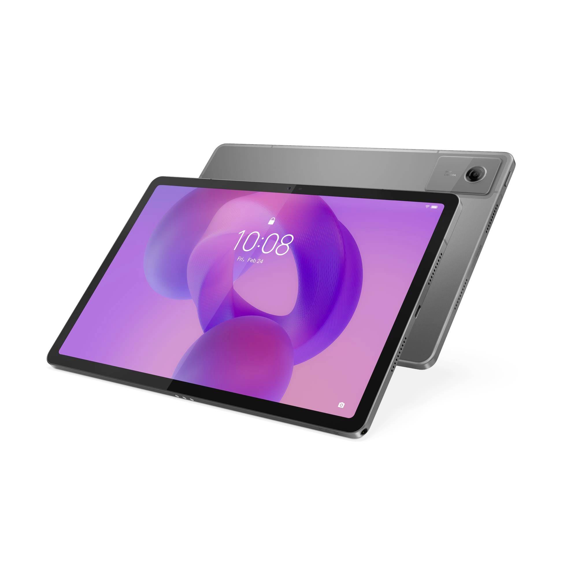 Graues Tablet von vorne und hinten dargestellt, mit violettem Startbildschirm, der 10:08 anzeigt, schräg auf weißem Hintergrund positioniert.