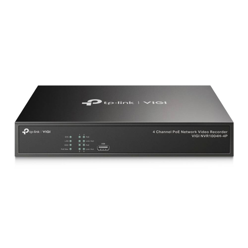 TP-Link VIGI 4-Kanal-PoE-Netzwerk-Videorecorder, Vorderansicht auf weißem Hintergrund.