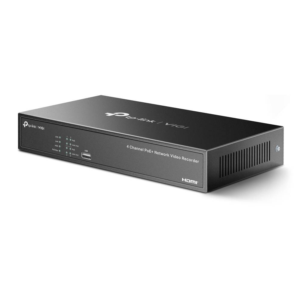 Schwarzer TP-Link VIGI 4-Kanal-PoE+-Netzwerk-Videorecorder mit vorderen Statusleuchten, USB-Anschluss und Belüftungsschlitzen.